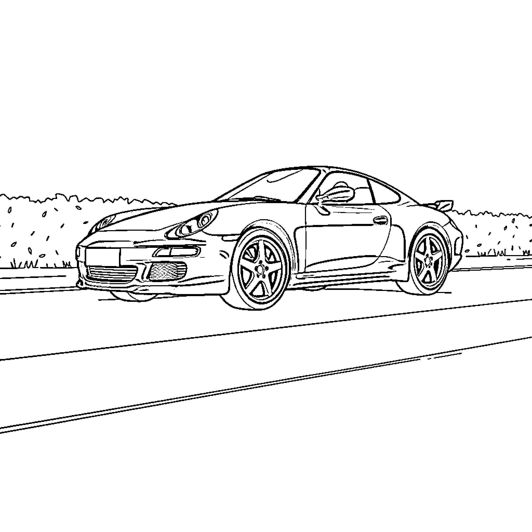 Car speeding down the open road Coloring Page (free black-and-white line drawing printable PDF for all, from beginners to advanced learners, including children, teens, adults, and seniors)