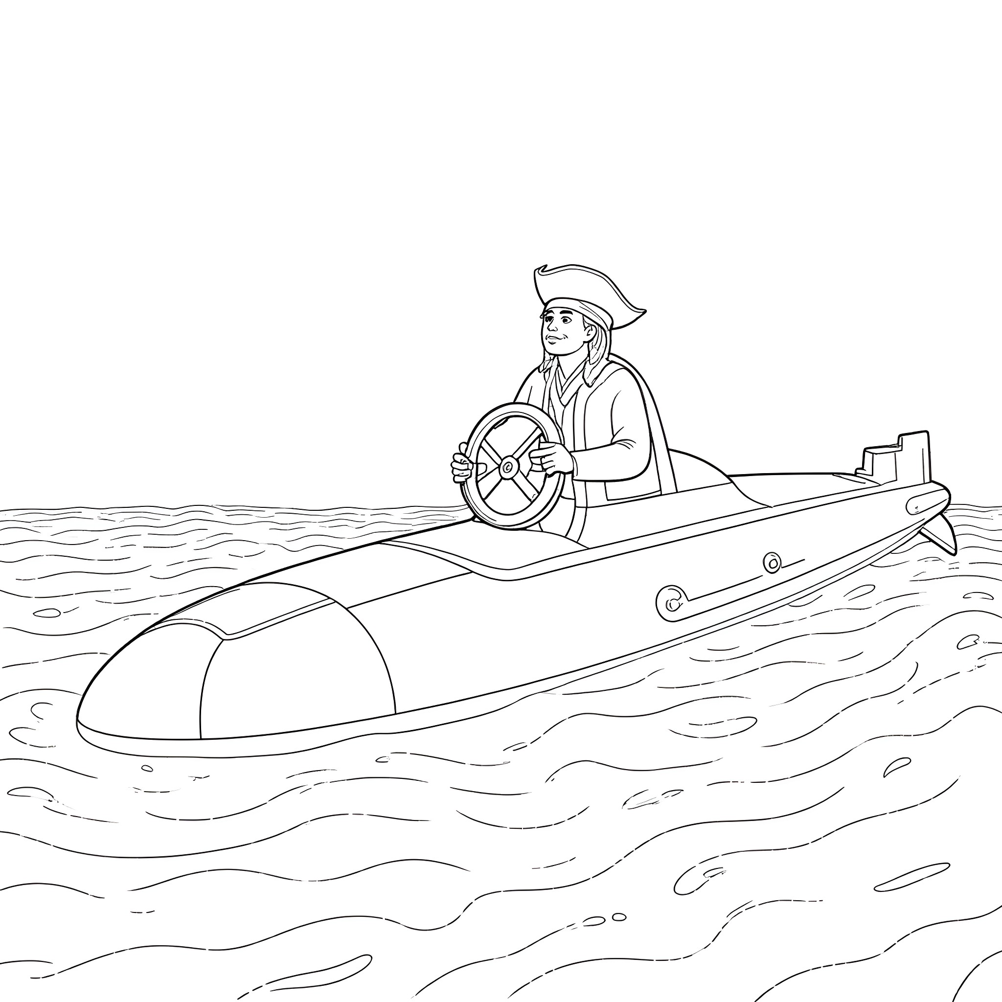 Jack Sparrow steering a submarine in the ocean Coloring Page (free black-and-white line drawing printable PDF for all, from beginners to advanced learners, including children, teens, adults, and seniors)