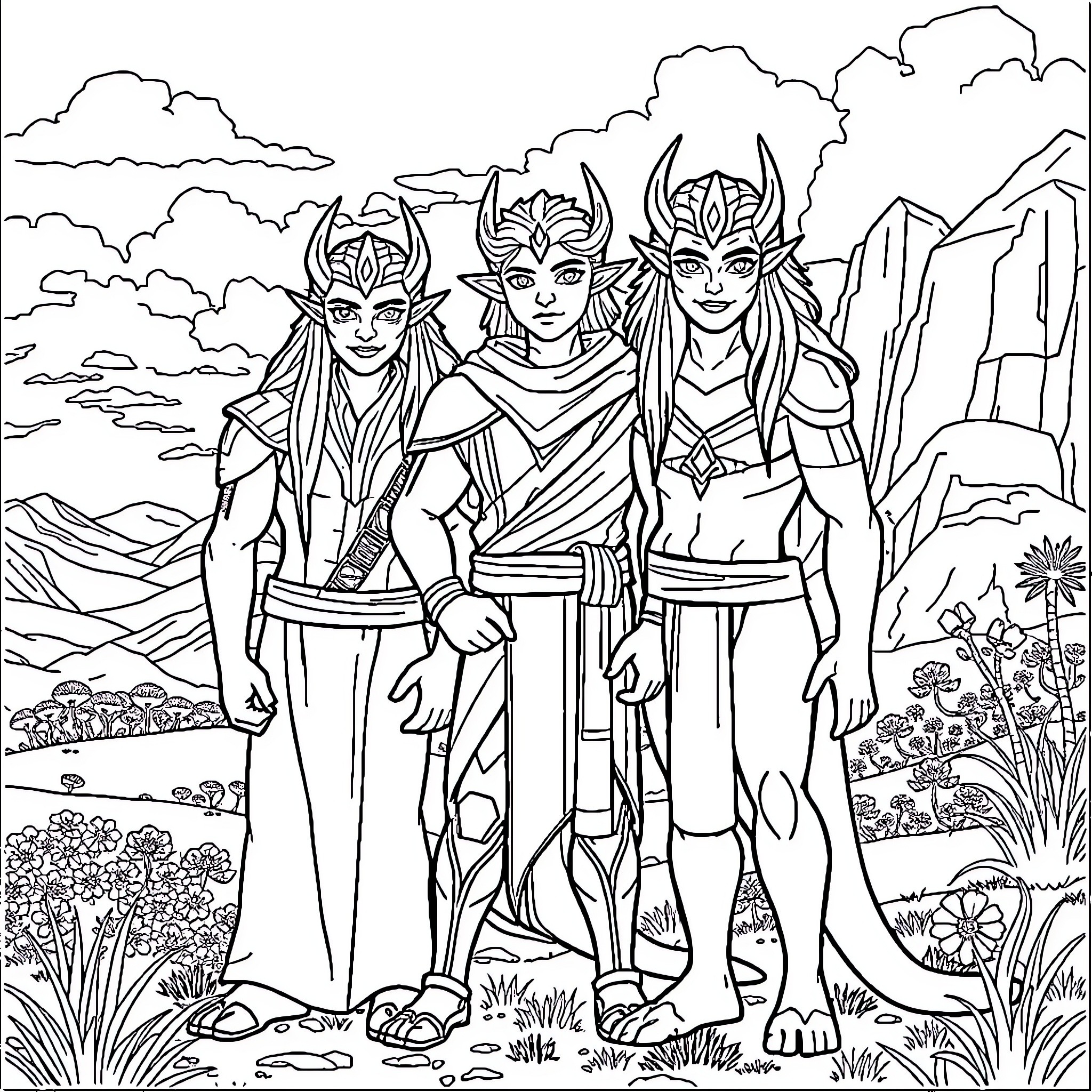 Koraidon and friends explore the fantastical landscape Coloring Page (free black-and-white line drawing printable PDF for all, from beginners to advanced learners, including children, teens, adults, and seniors)