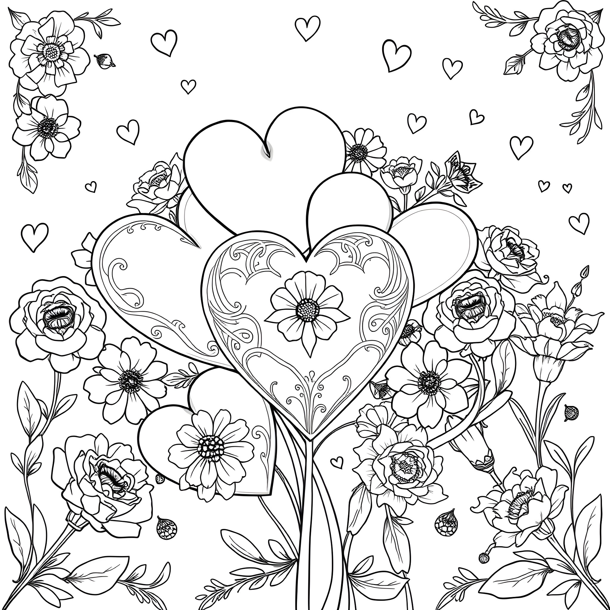 Heart-shaped floral design with decorative elements Coloring Page (free black-and-white line drawing printable PDF for all, from beginners to advanced learners, including children, teens, adults, and seniors)