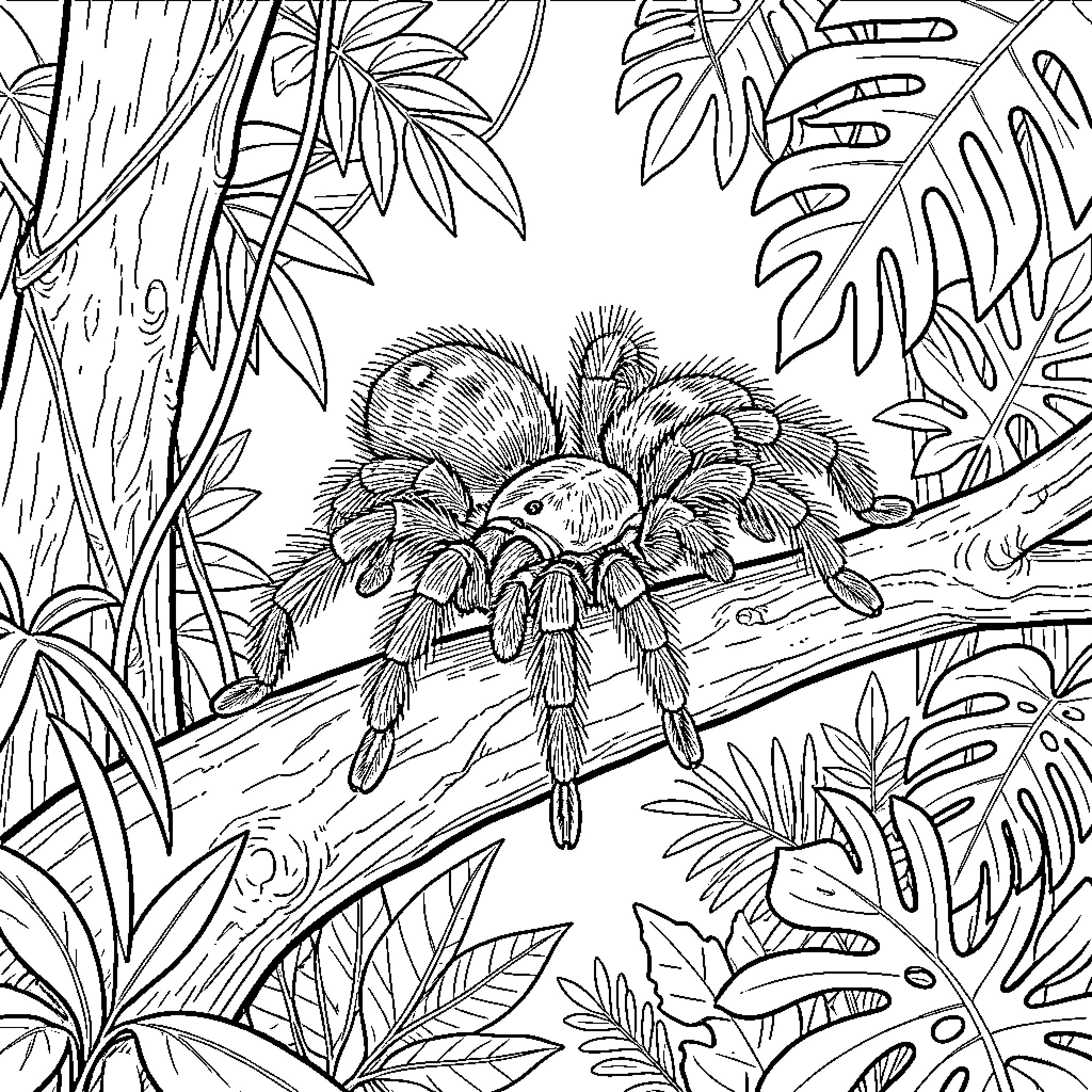 Tarantula crawling on a branch among jungle leaves Coloring Page (free black-and-white line drawing printable PDF for all, from beginners to advanced learners, including children, teens, adults, and seniors)
