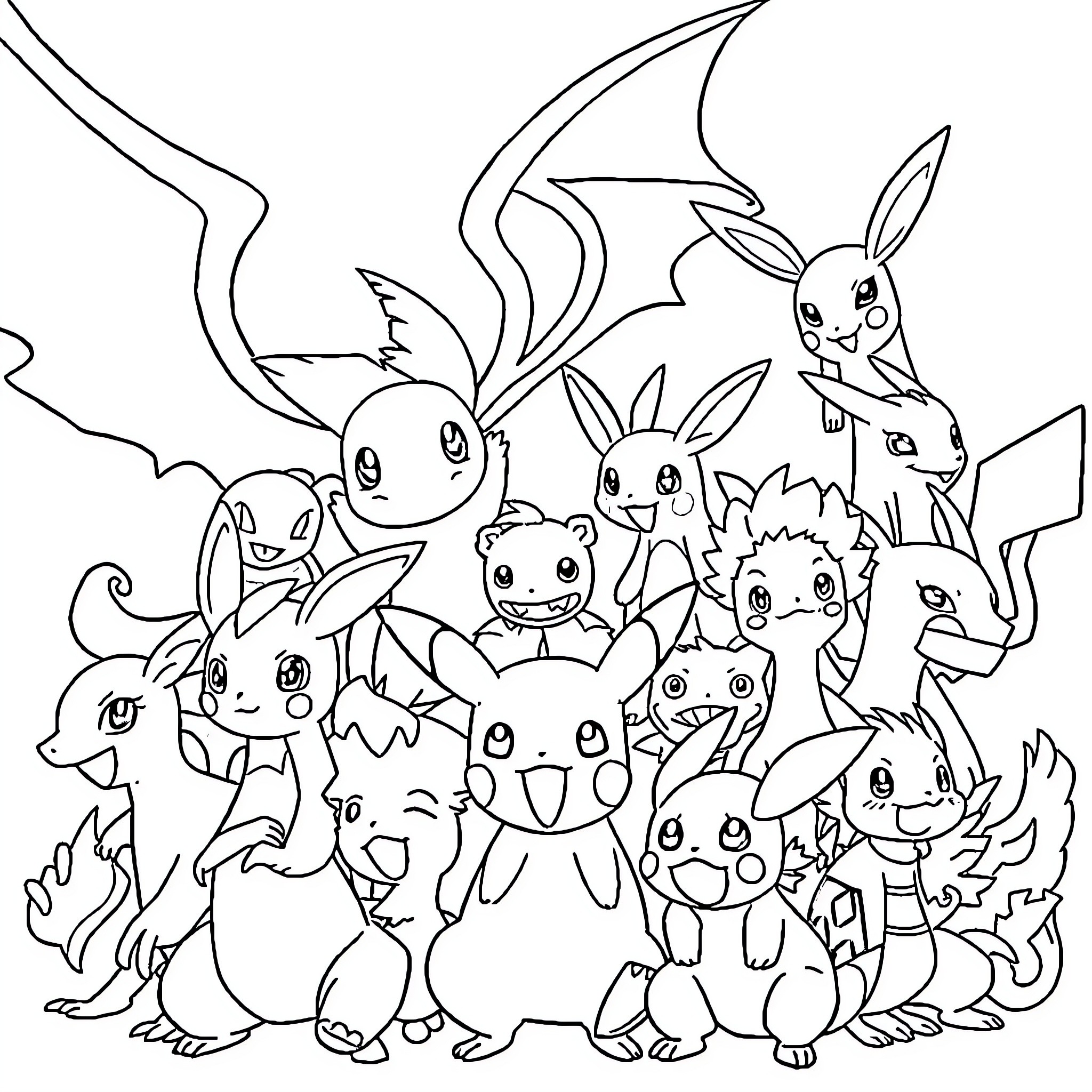 Pokémon characters in a playful gathering Coloring Page (free black-and-white line drawing printable PDF for all, from beginners to advanced learners, including children, teens, adults, and seniors)