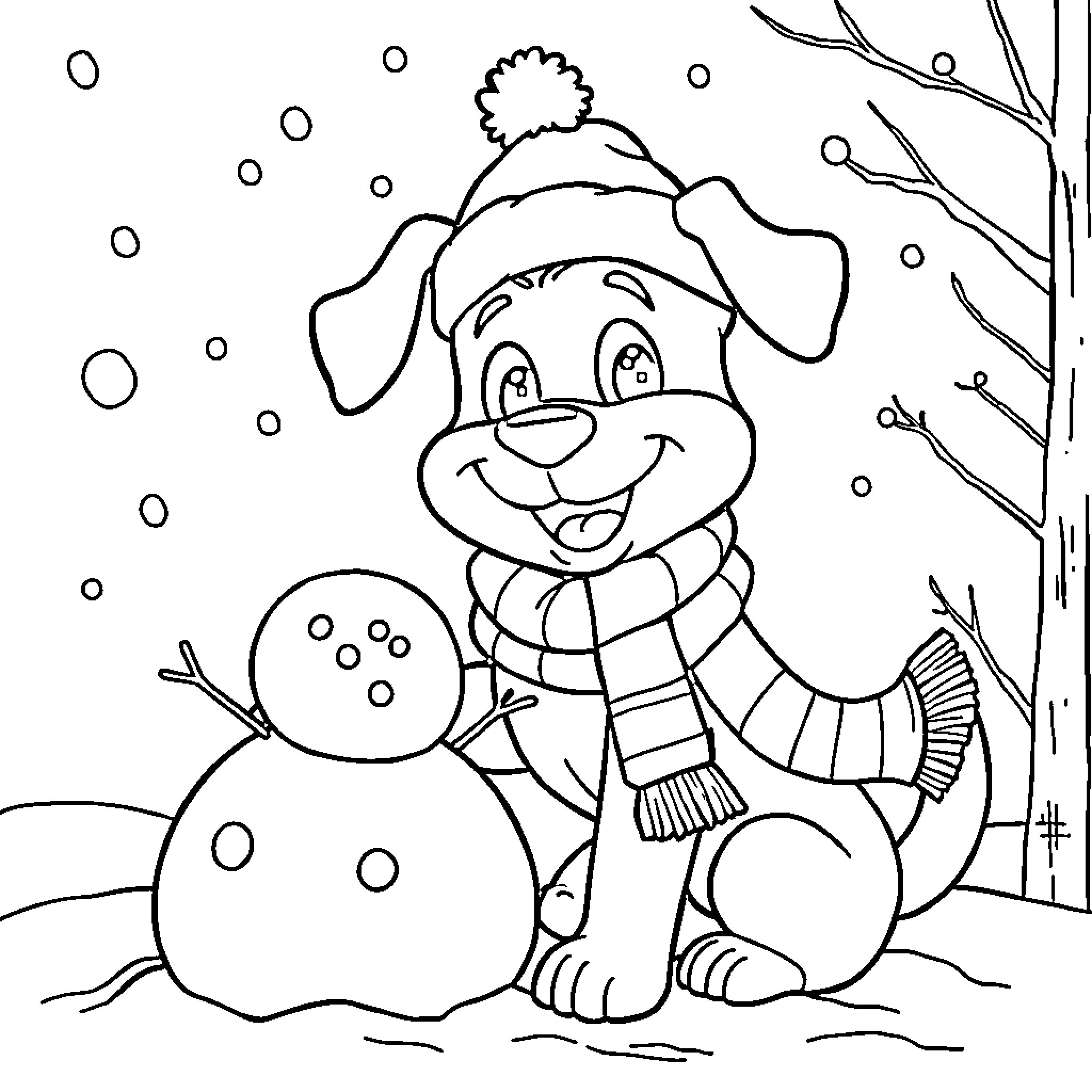 Bluey building a snowman with his friend Coloring Page (free black-and-white line drawing printable PDF for all, from beginners to advanced learners, including children, teens, adults, and seniors)