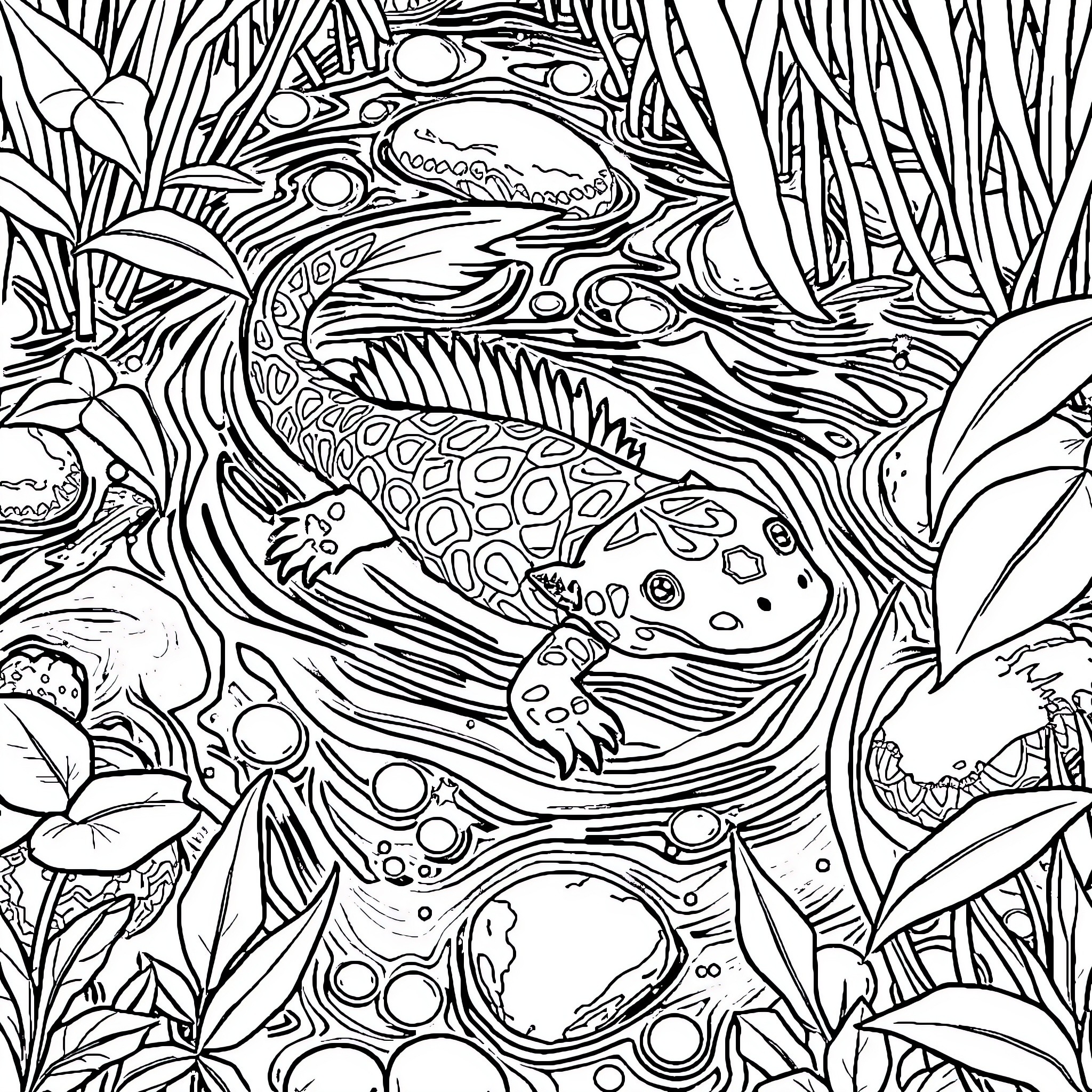 Axolotl swimming in a whimsical underwater scene Coloring Page (free black-and-white line drawing printable PDF for all, from beginners to advanced learners, including children, teens, adults, and seniors)