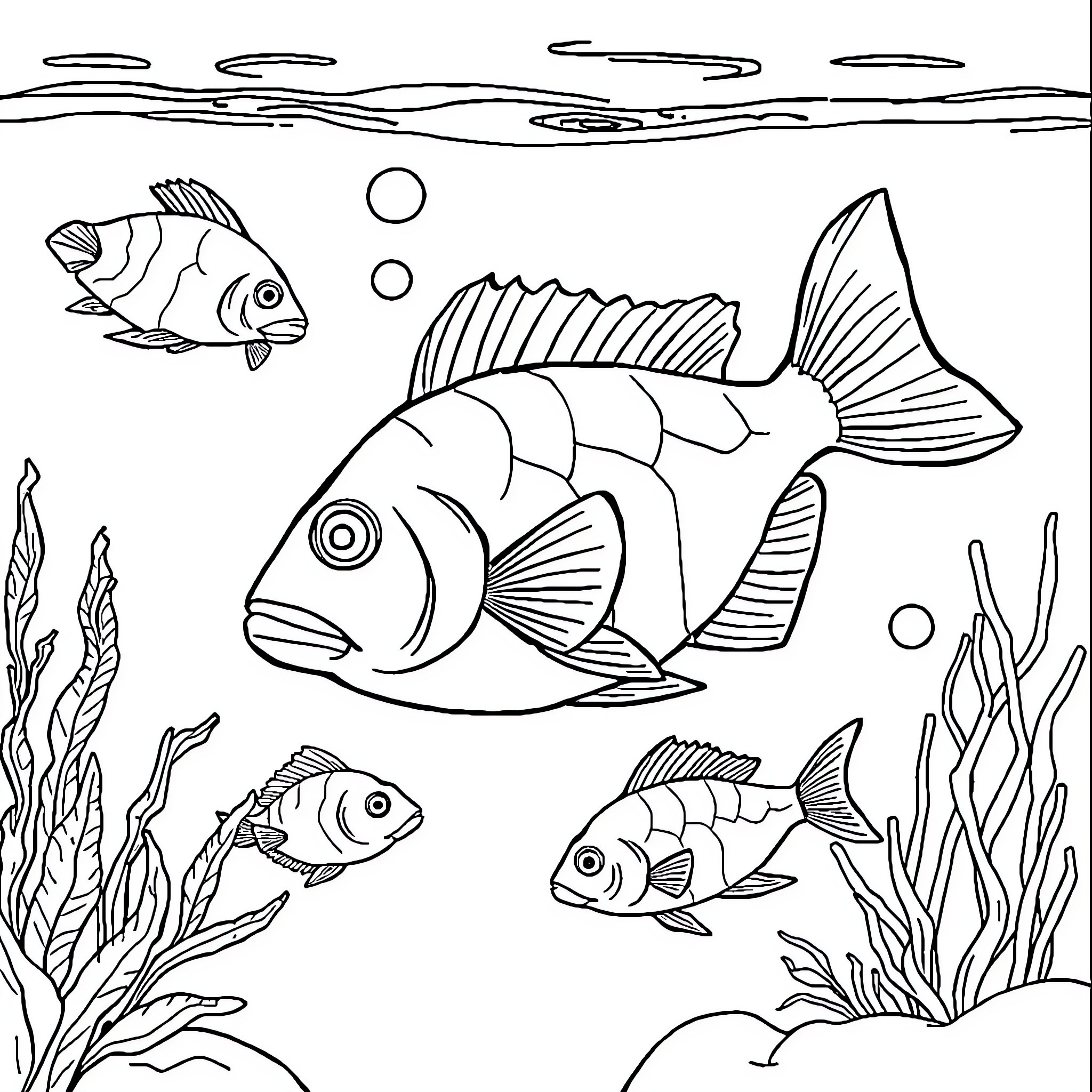 Fish swimming in an underwater scene Coloring Page (free black-and-white line drawing printable PDF for all, from beginners to advanced learners, including children, teens, adults, and seniors)