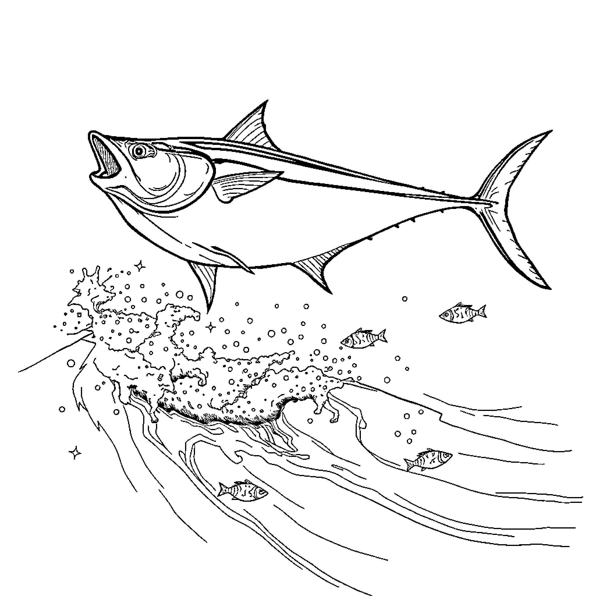 Tuna swimming through the underwater seascape Coloring Page (free black-and-white line drawing printable PDF for all, from beginners to advanced learners, including children, teens, adults, and seniors)