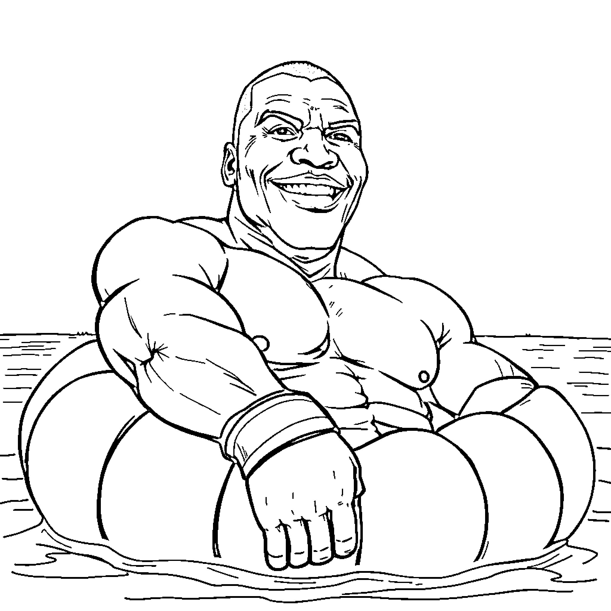 Mike Tyson flexing muscles while in water Coloring Page (free black-and-white line drawing printable PDF for all, from beginners to advanced learners, including children, teens, adults, and seniors)