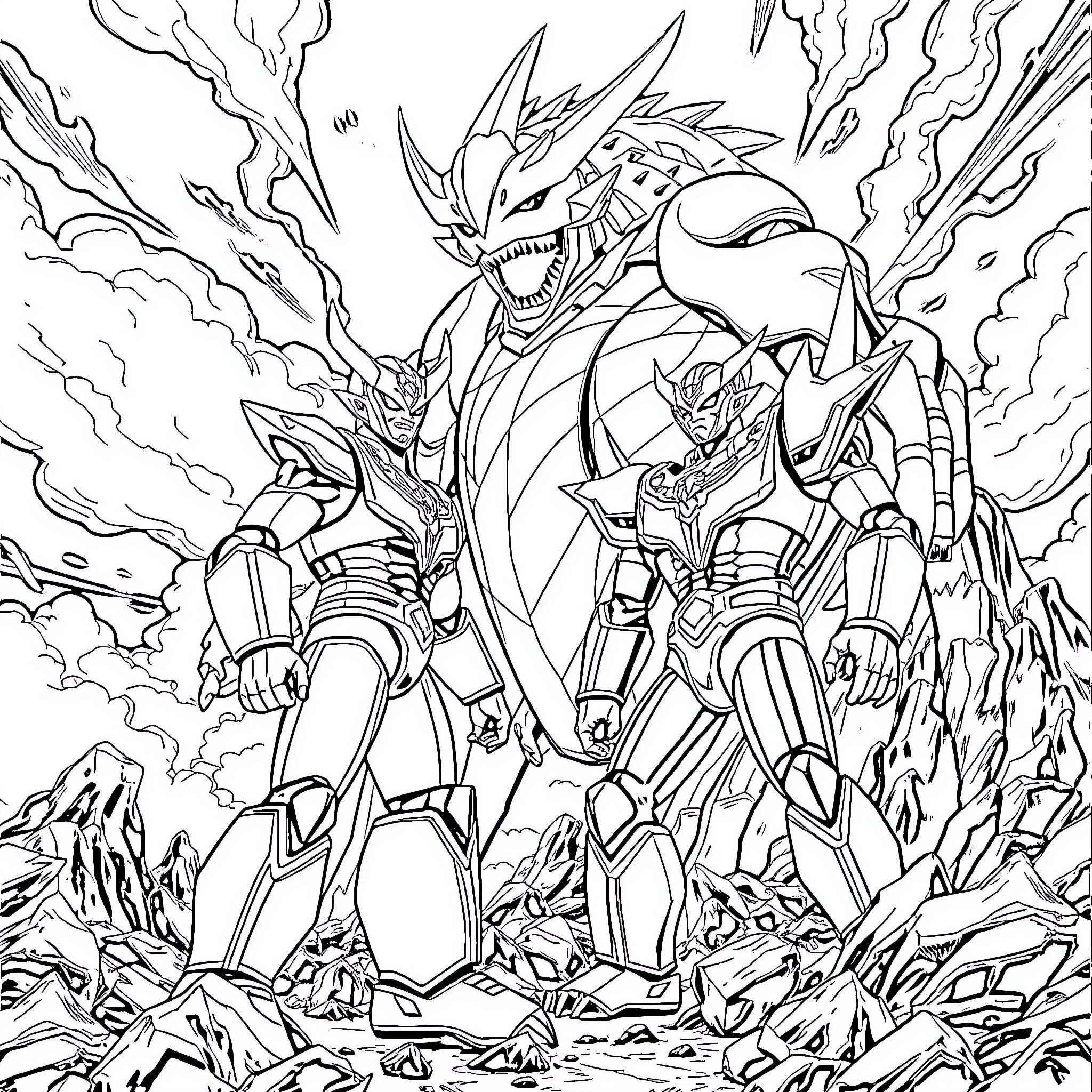 Ultraman battling a giant monstrous foe Coloring Page (free black-and-white line drawing printable PDF for all, from beginners to advanced learners, including children, teens, adults, and seniors)