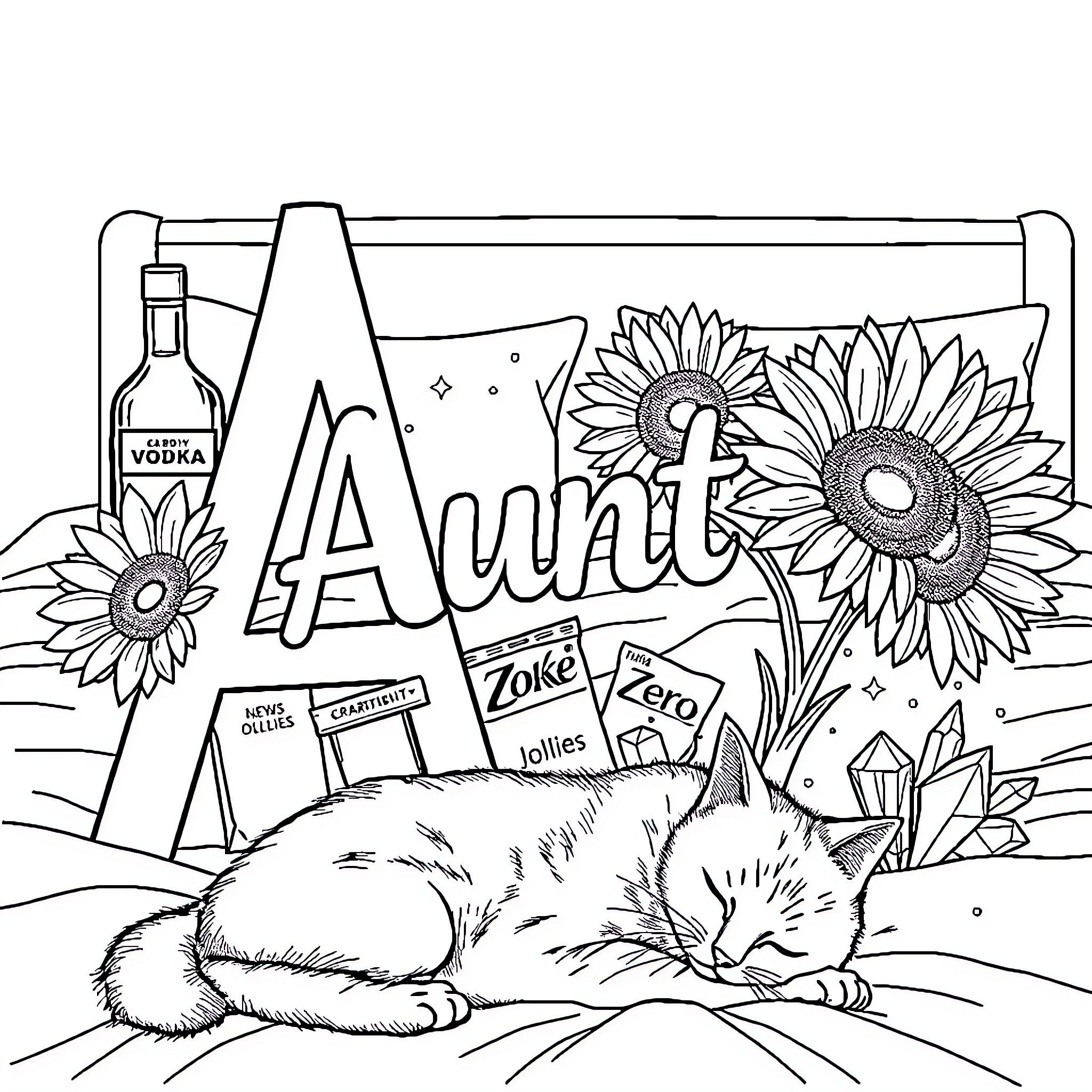 A Cat Resting Amid Sunflowers and Signs Coloring Page (free black-and-white line drawing printable PDF for all, from beginners to advanced learners, including children, teens, adults, and seniors)