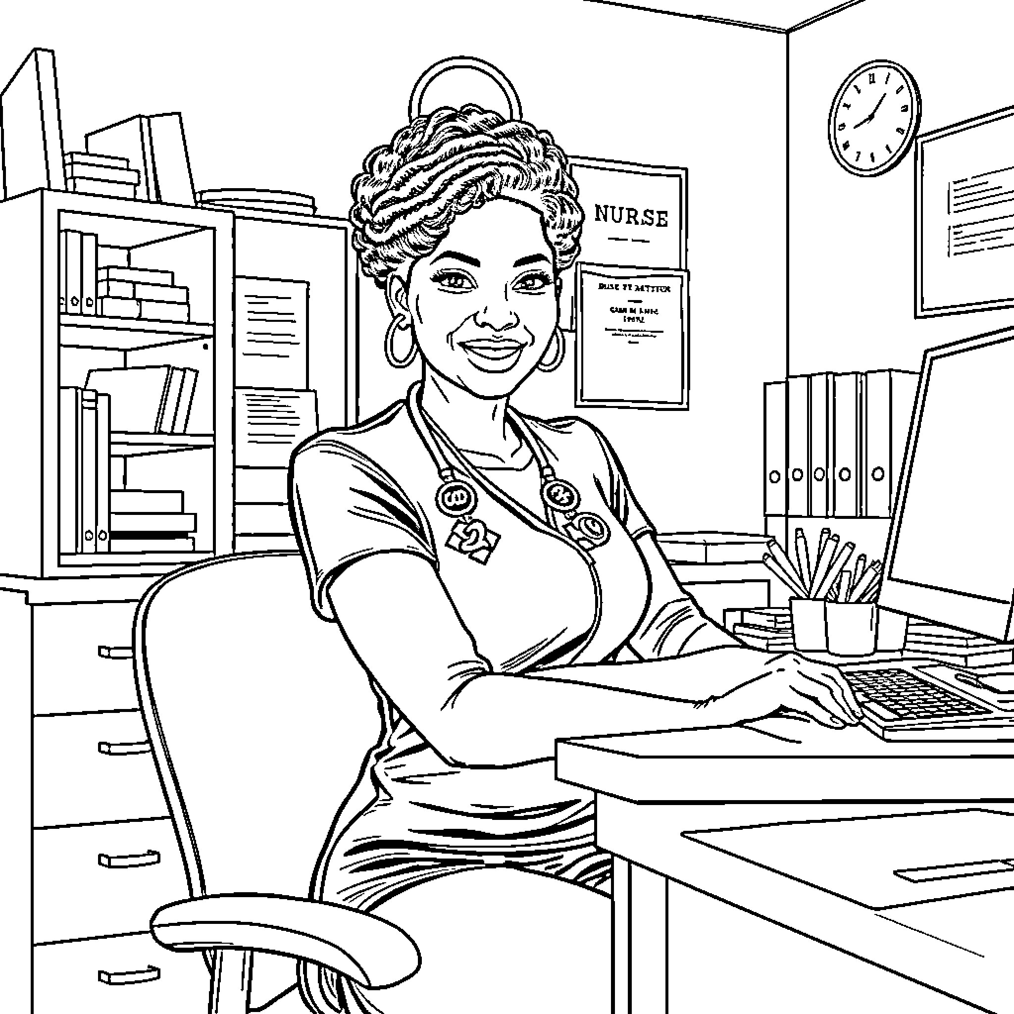 Woman smiling and working at a nurse's office Coloring Page (free black-and-white line drawing printable PDF for all, from beginners to advanced learners, including children, teens, adults, and seniors)