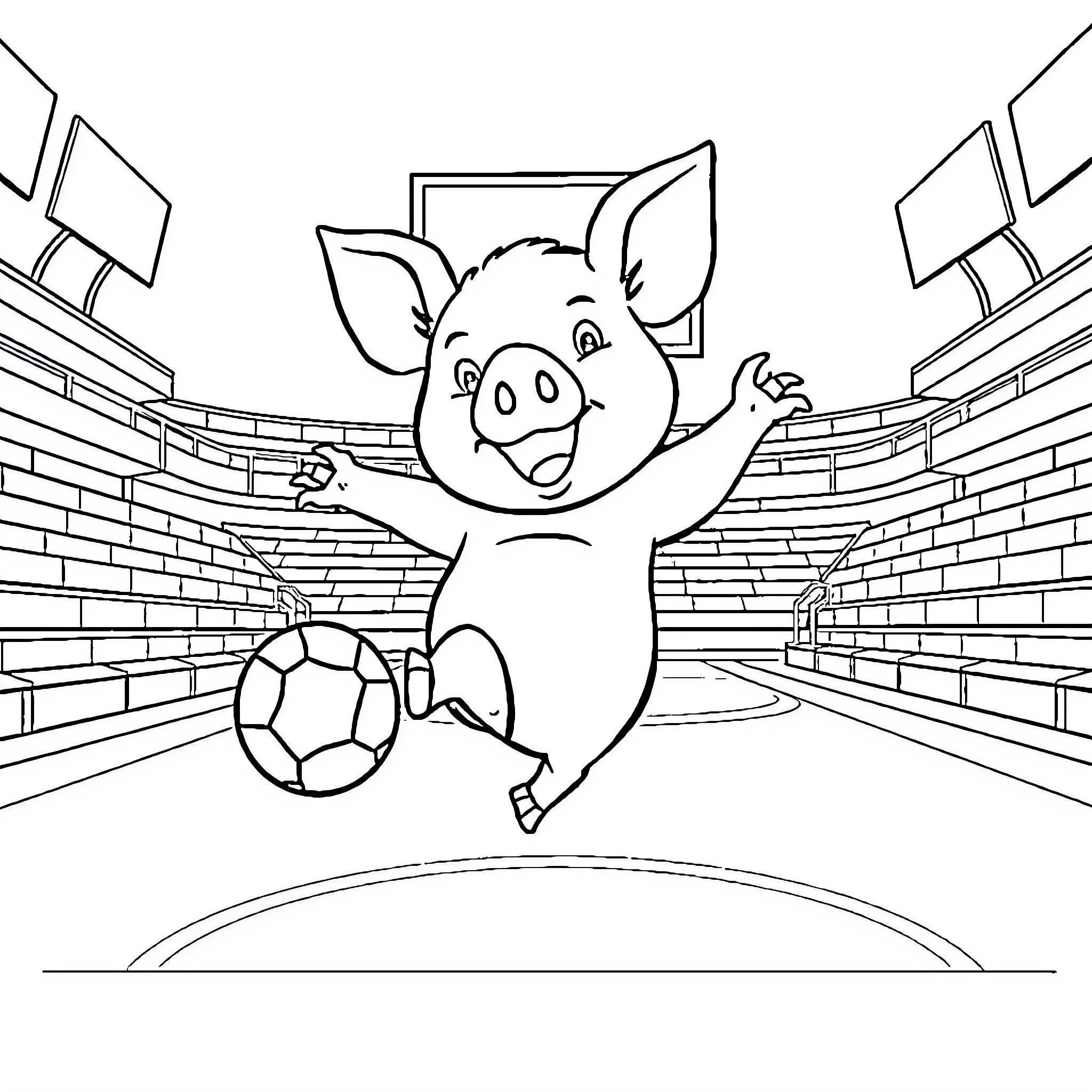 Pig happily playing soccer in the stadium Coloring Page (free black-and-white line drawing printable PDF for all, from beginners to advanced learners, including children, teens, adults, and seniors)