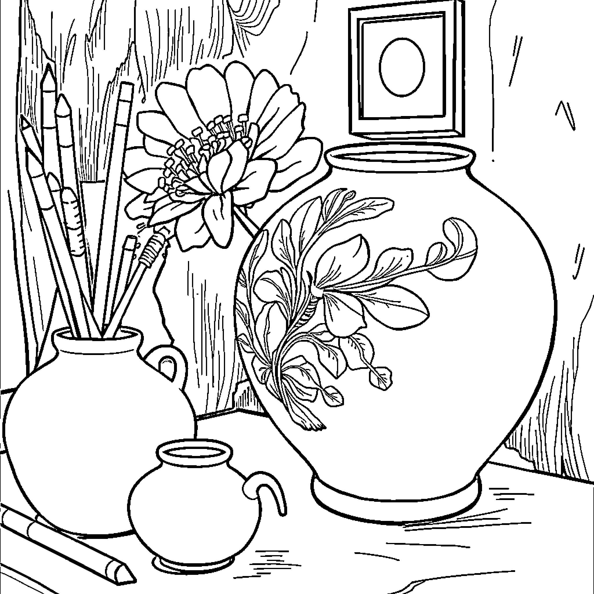 Still life with floral arrangement and ceramic vessels Coloring Page (free black-and-white line drawing printable PDF for all, from beginners to advanced learners, including children, teens, adults, and seniors)