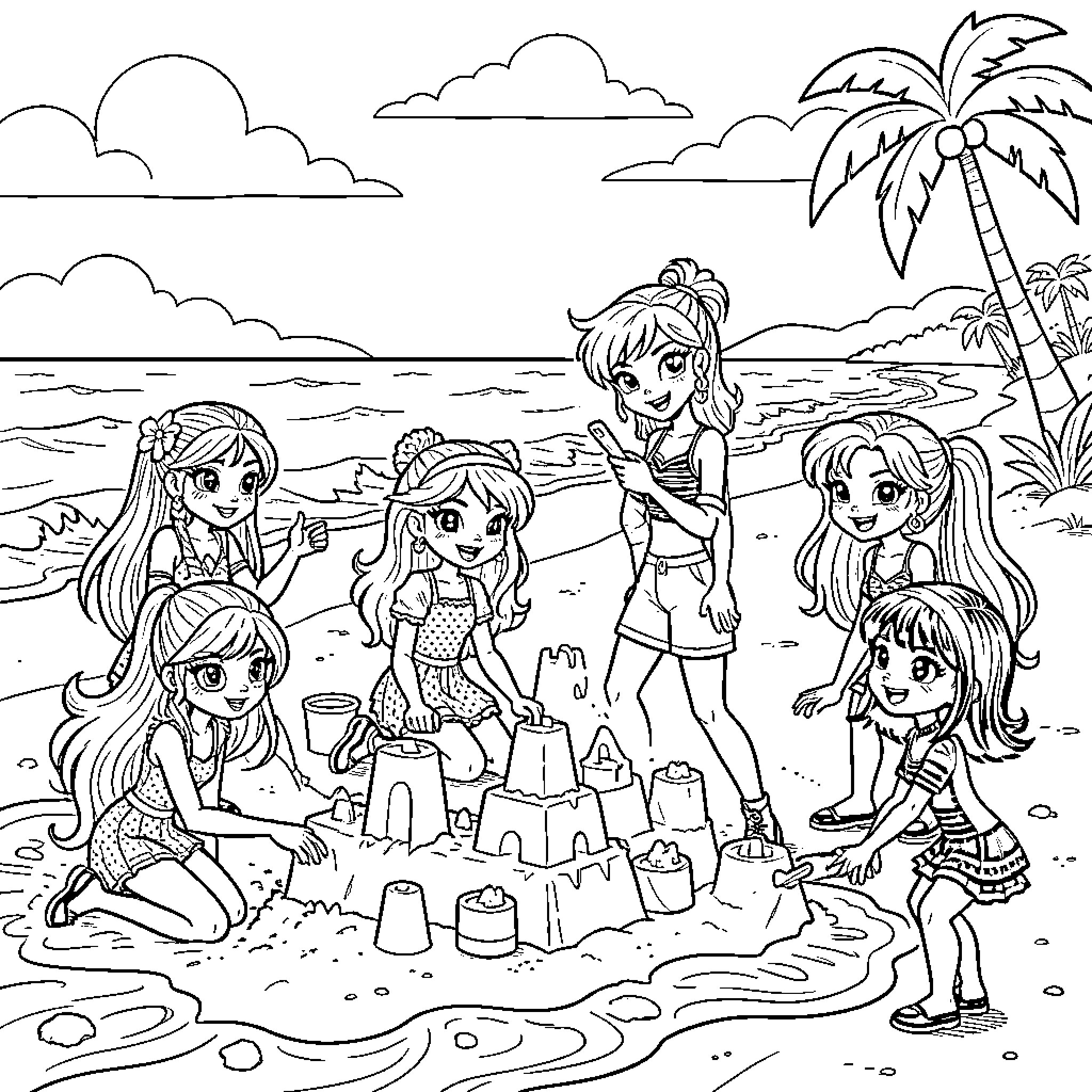 Monster High characters playing on the beach Coloring Page (free black-and-white line drawing printable PDF for all, from beginners to advanced learners, including children, teens, adults, and seniors)