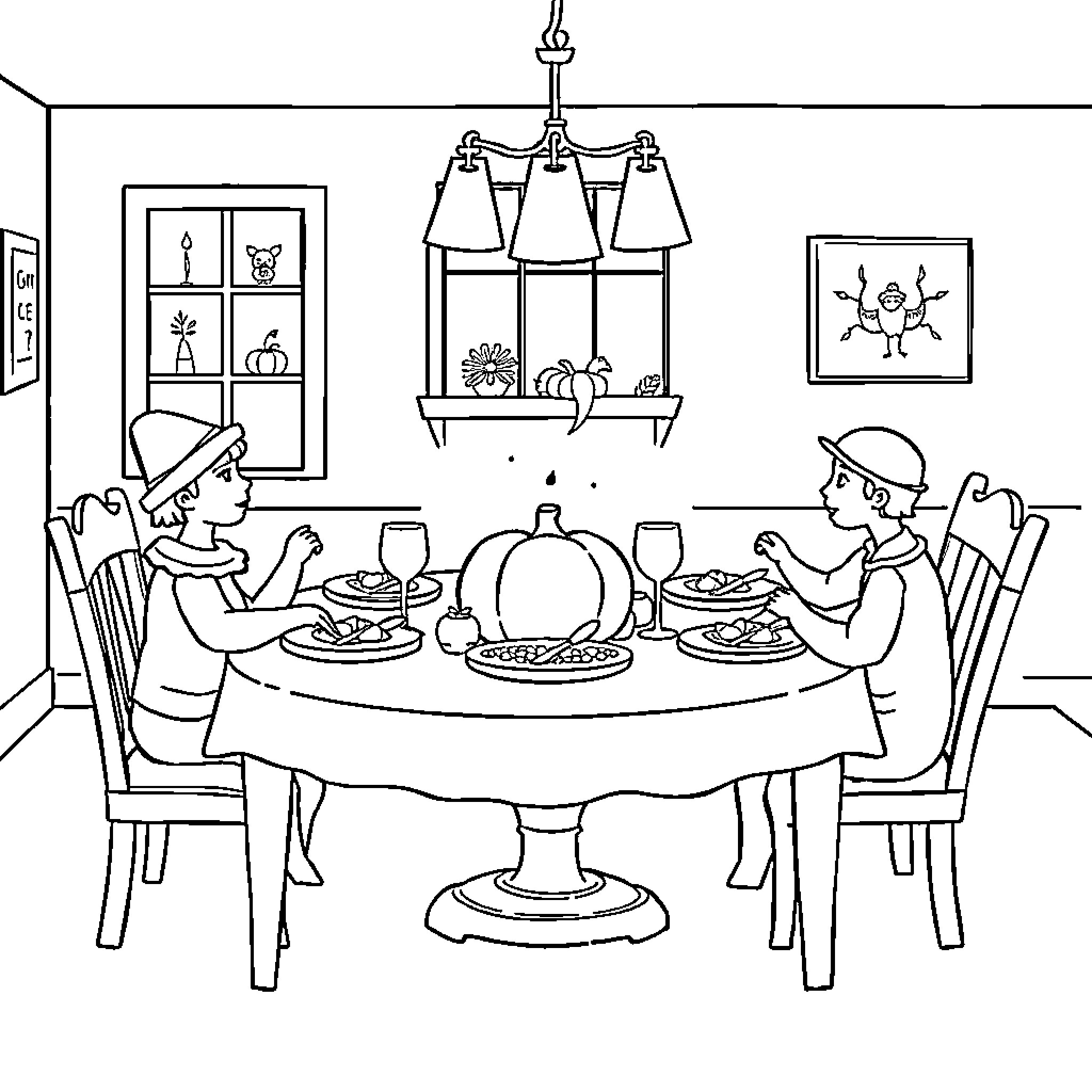 Thanksgiving Family Gathered for Festive Meal Coloring Page (free black-and-white line drawing printable PDF for all, from beginners to advanced learners, including children, teens, adults, and seniors)