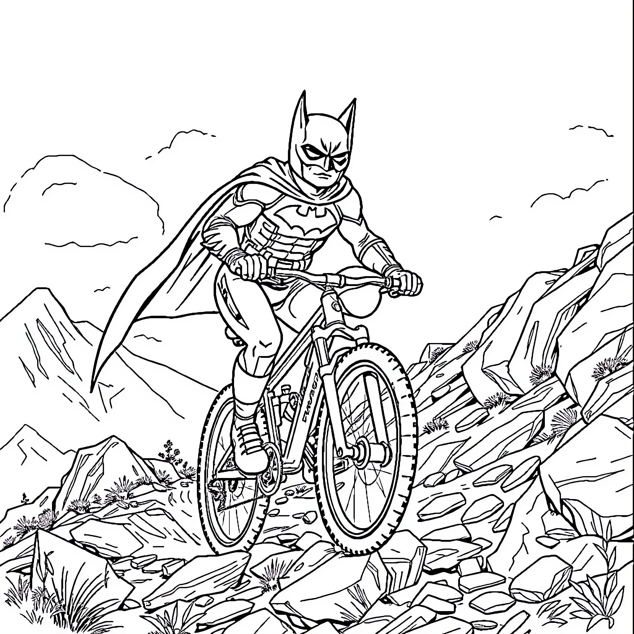 Cat Superhero Riding a Bicycle in the Mountains Coloring Page (free black-and-white line drawing printable PDF for all, from beginners to advanced learners, including children, teens, adults, and seniors)