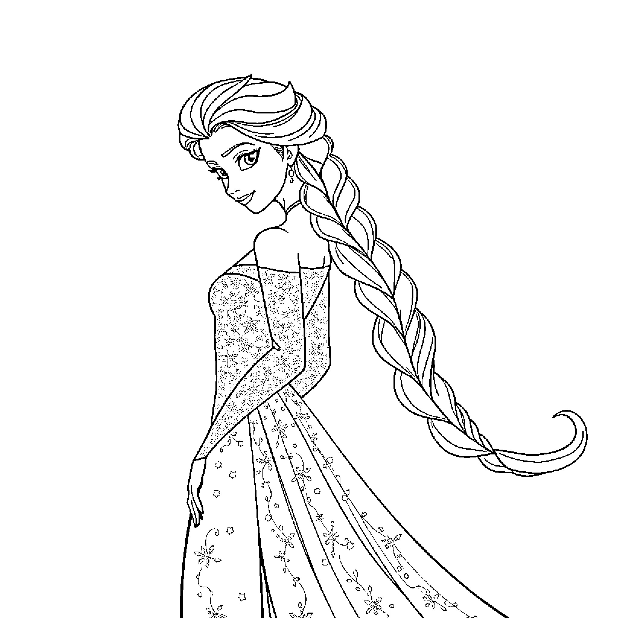 Princess Elsa in Elegant Dress and Braided Hairstyle Coloring Page (free black-and-white line drawing printable PDF for all, from beginners to advanced learners, including children, teens, adults, and seniors)