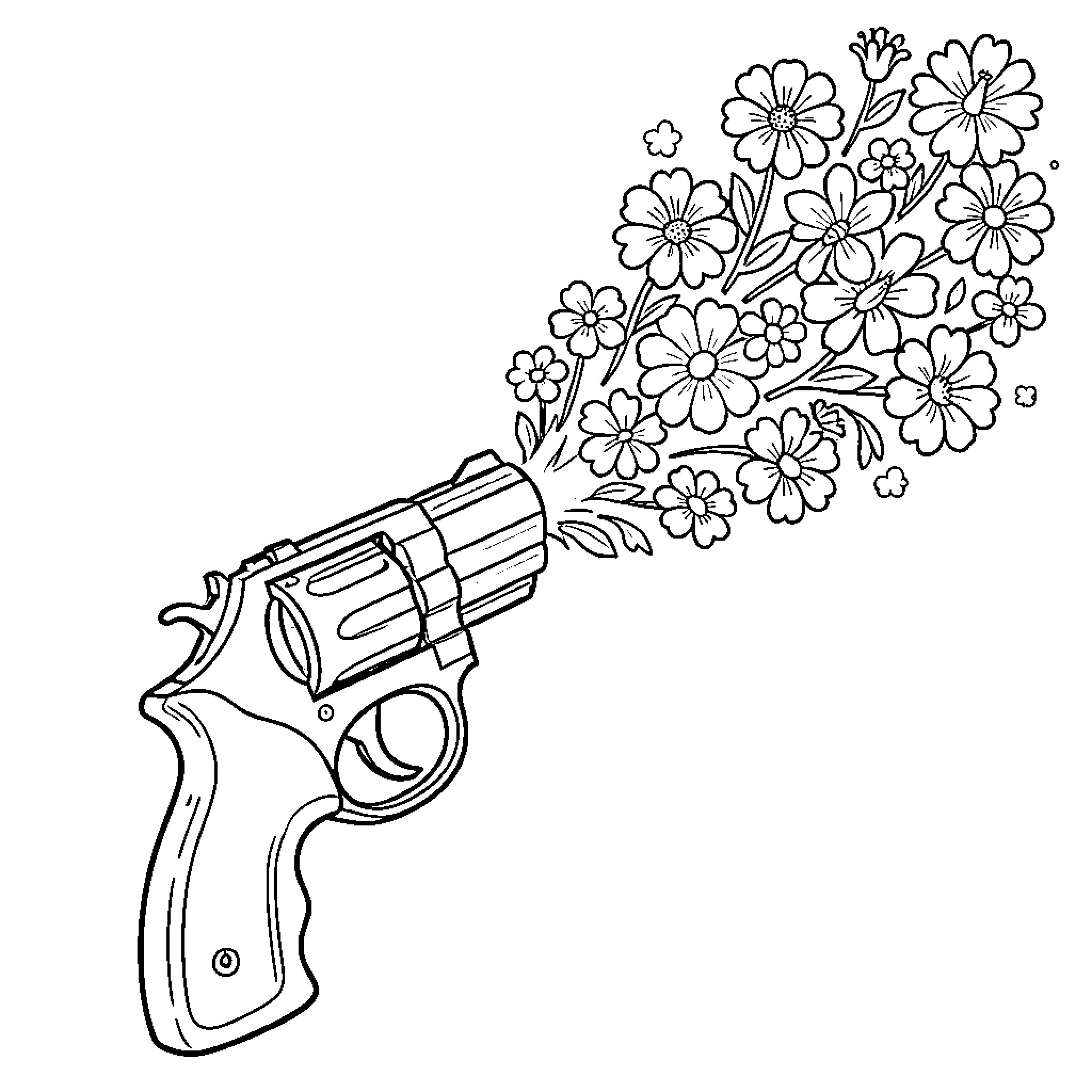 Gun Spraying Floral Bouquet Coloring Page (free black-and-white line drawing printable PDF for all, from beginners to advanced learners, including children, teens, adults, and seniors)