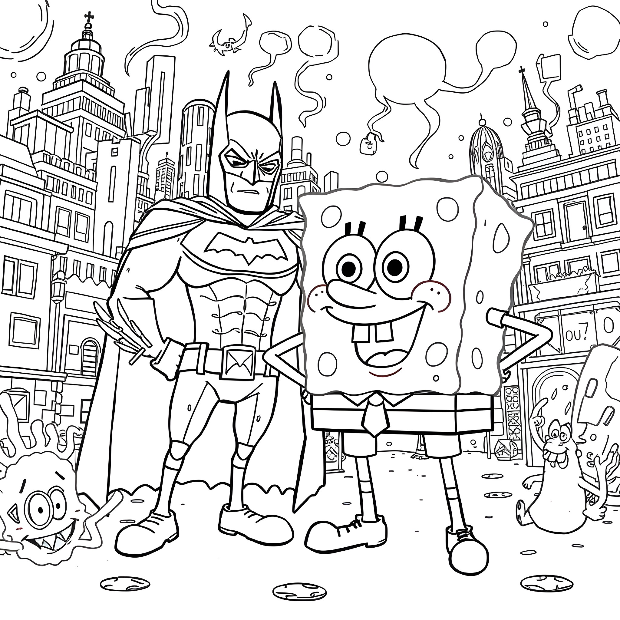 Spongebob and Batman explore the city together Coloring Page (free black-and-white line drawing printable PDF for all, from beginners to advanced learners, including children, teens, adults, and seniors)