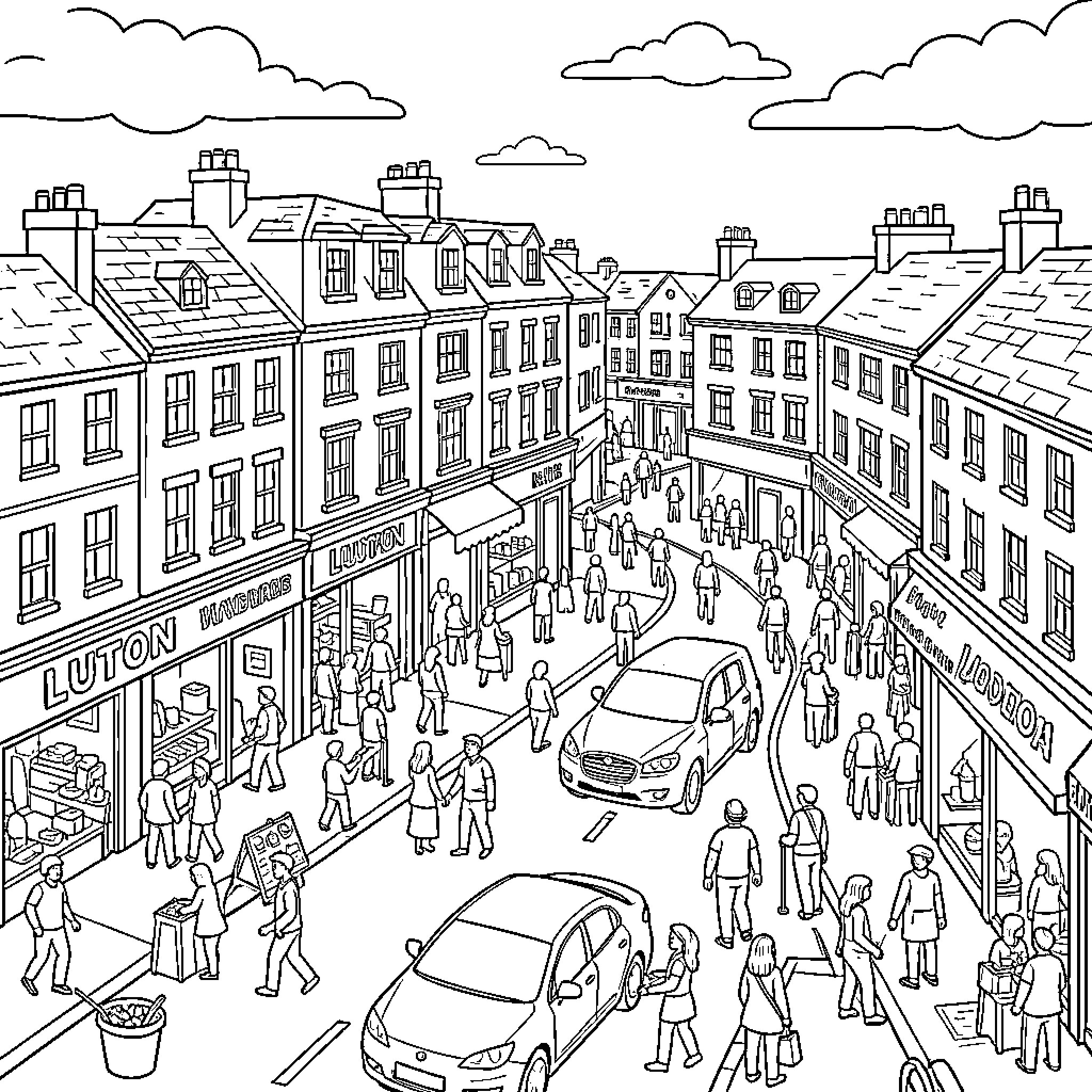 Luton street scene with people walking among buildings Coloring Page (free black-and-white line drawing printable PDF for all, from beginners to advanced learners, including children, teens, adults, and seniors)