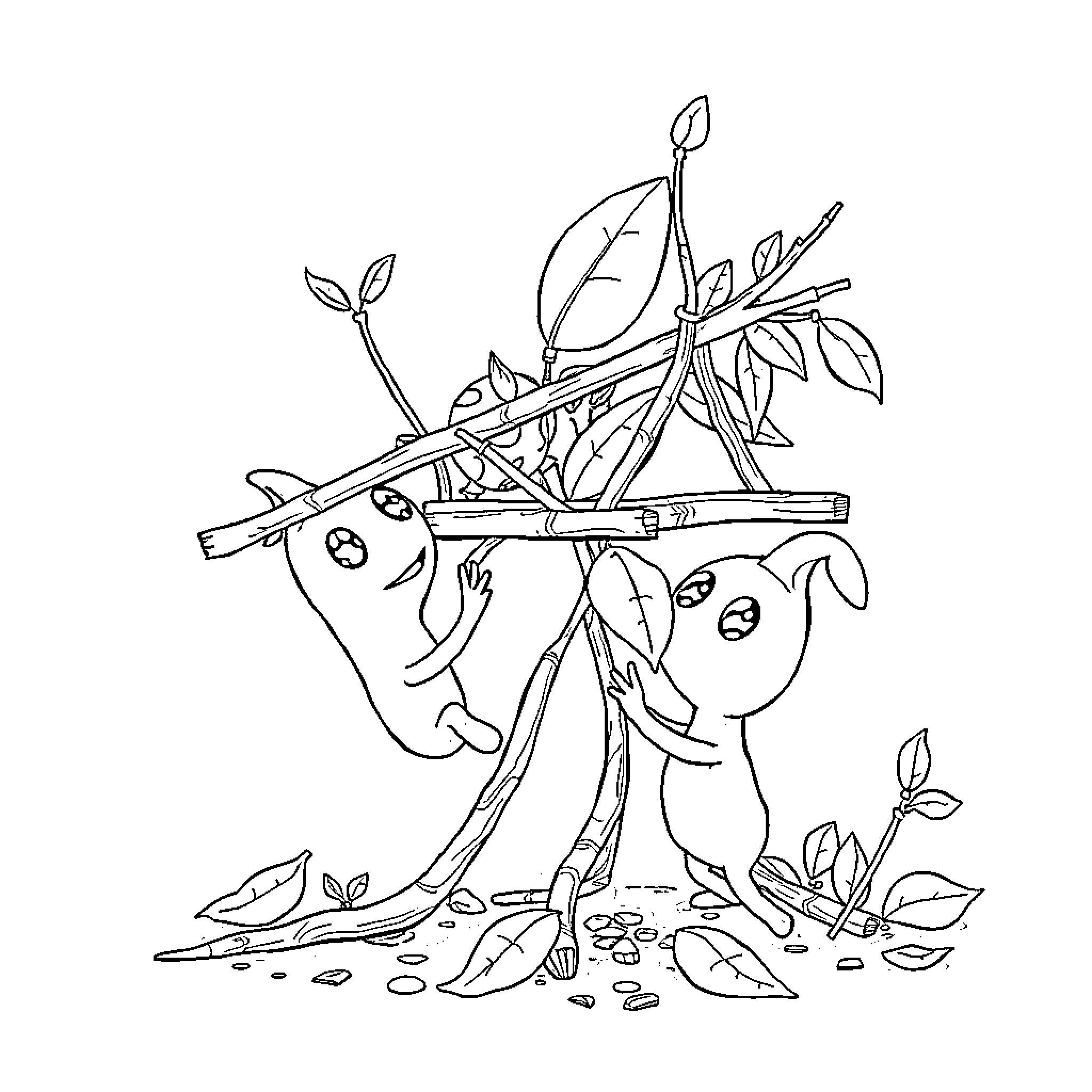 Pikmin exploring a whimsical nature scene Coloring Page (free black-and-white line drawing printable PDF for all, from beginners to advanced learners, including children, teens, adults, and seniors)