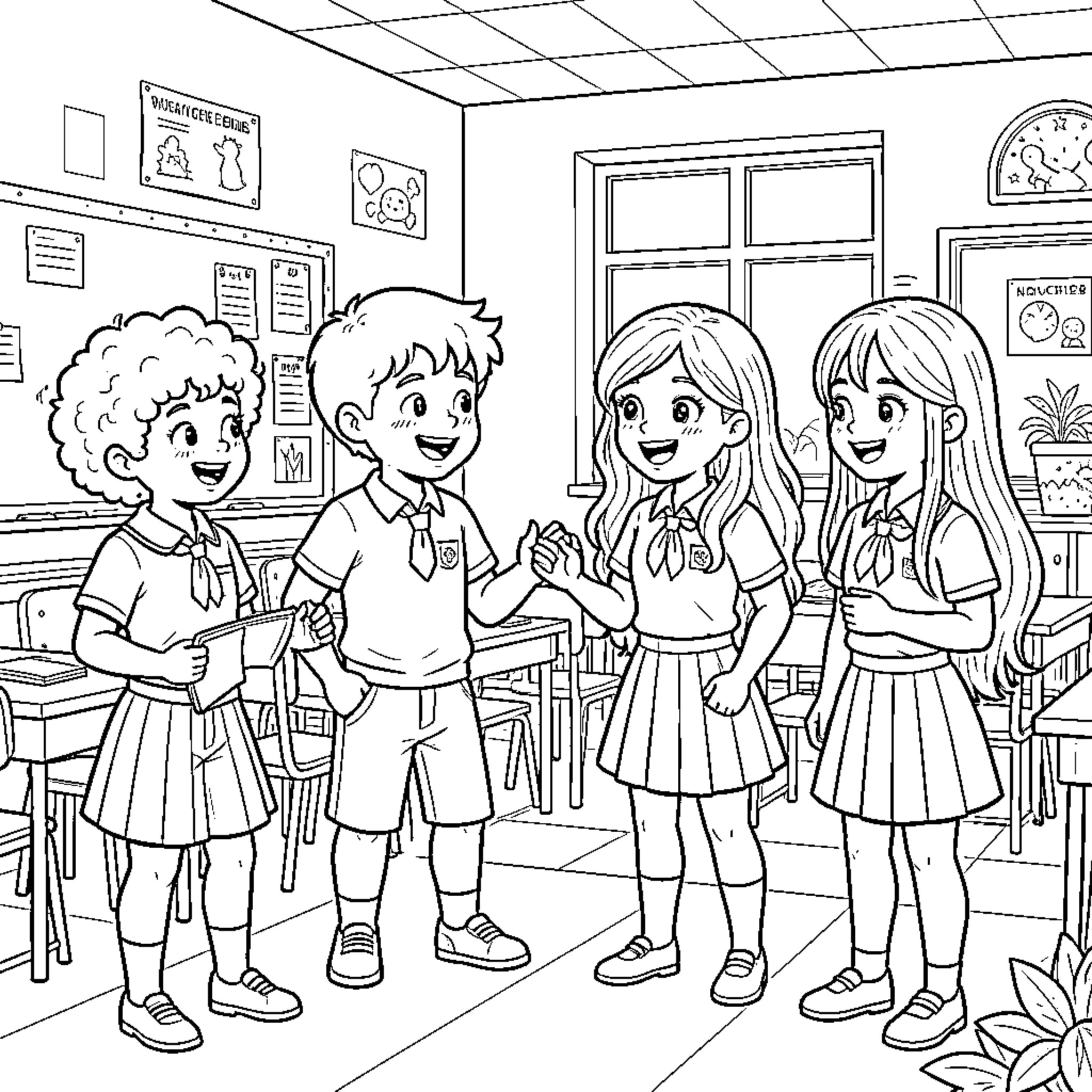 Child students in classroom discussing together Coloring Page (free black-and-white line drawing printable PDF for all, from beginners to advanced learners, including children, teens, adults, and seniors)