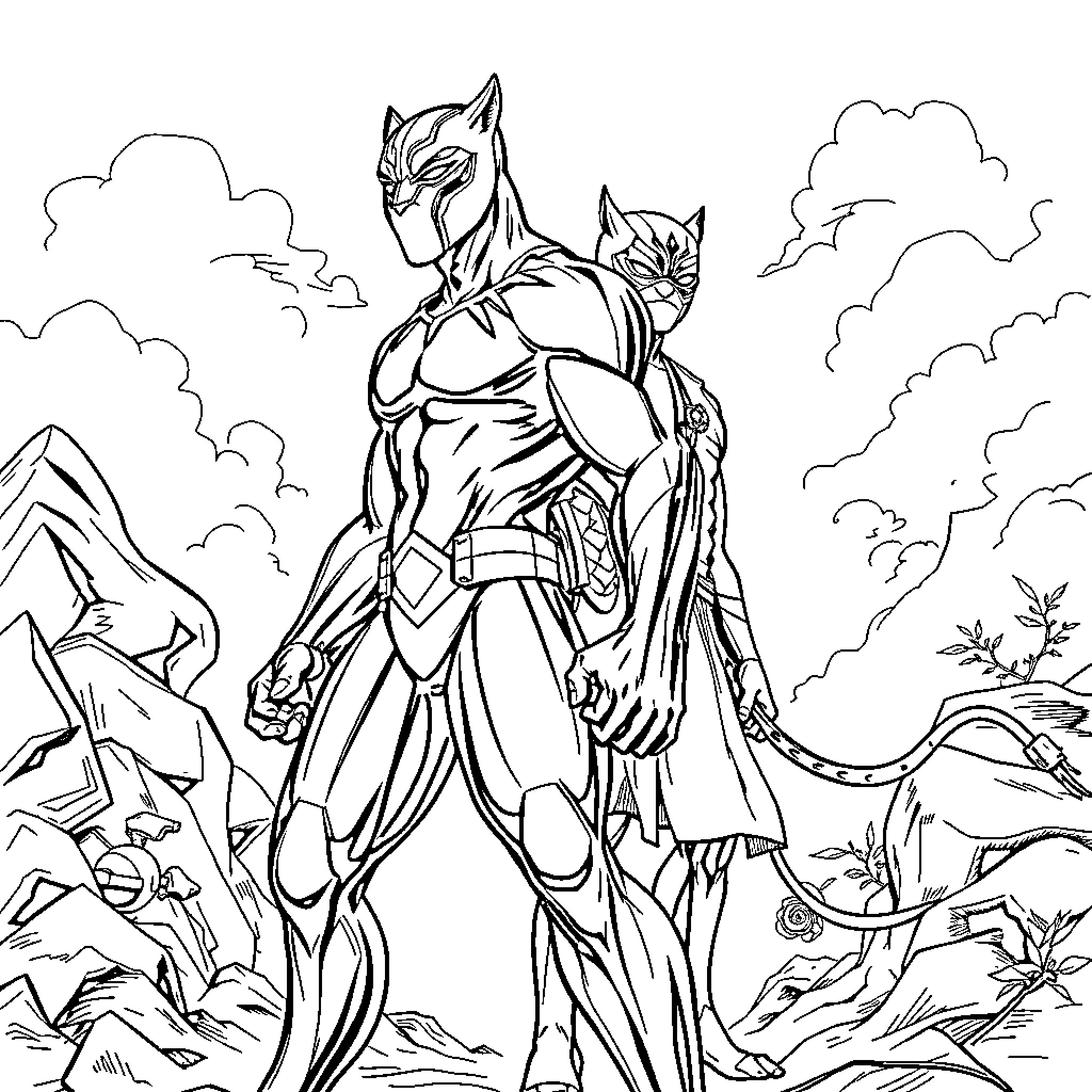 Panther heroes standing heroically in a mountainous landscape Coloring Page (free black-and-white line drawing printable PDF for all, from beginners to advanced learners, including children, teens, adults, and seniors)