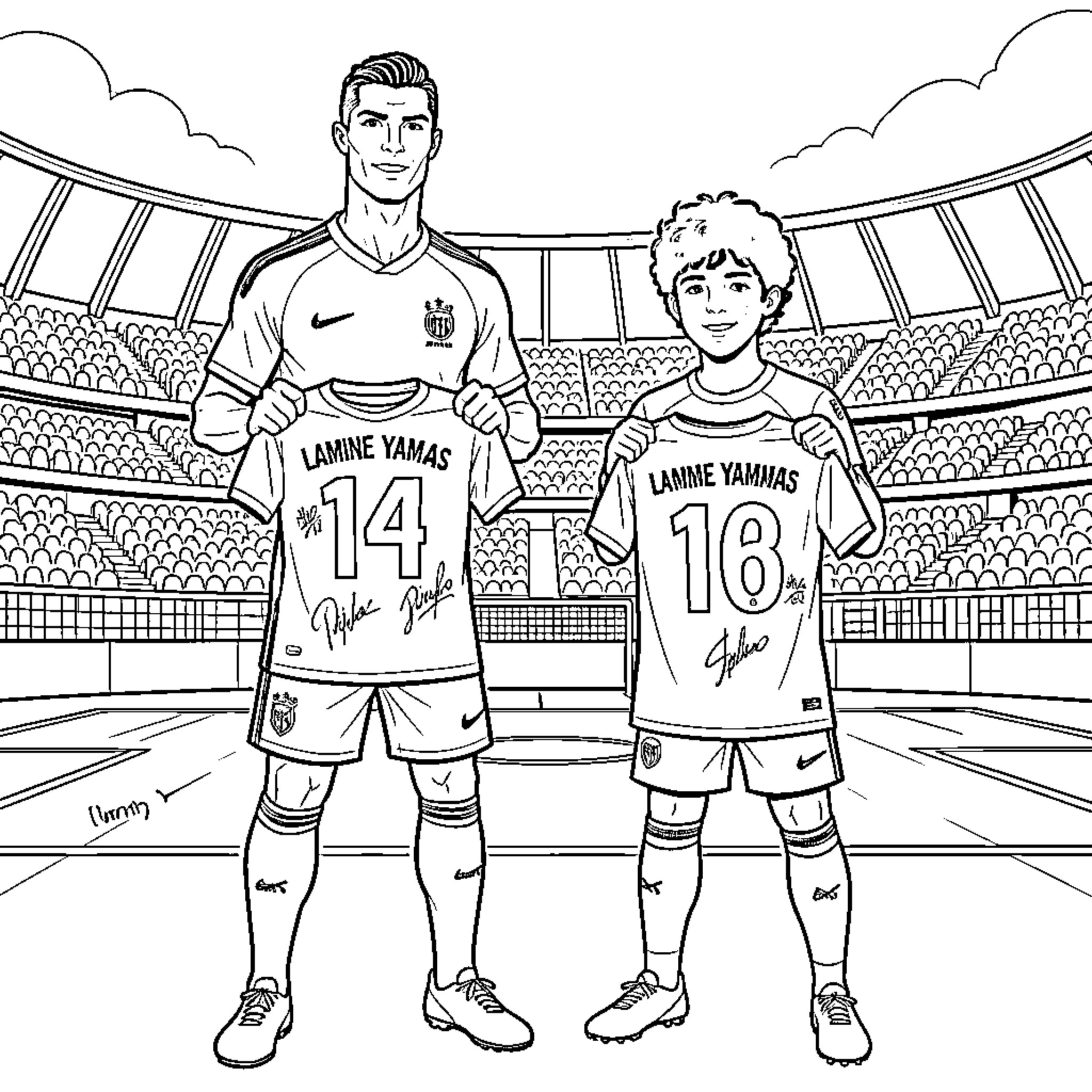 Cristiano Ronaldo standing with a young soccer player Coloring Page (free black-and-white line drawing printable PDF for all, from beginners to advanced learners, including children, teens, adults, and seniors)