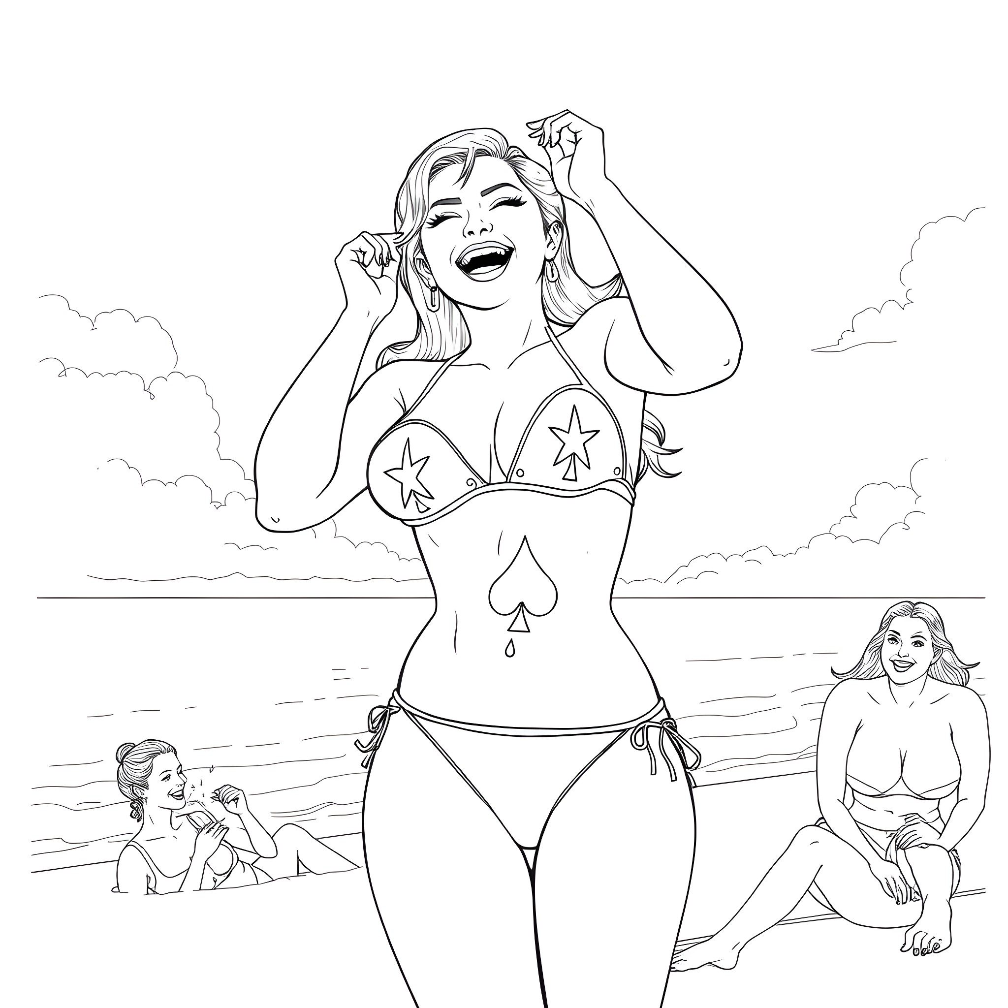 Chun Li in a playful, lively scene Coloring Page (free black-and-white line drawing printable PDF for all, from beginners to advanced learners, including children, teens, adults, and seniors)