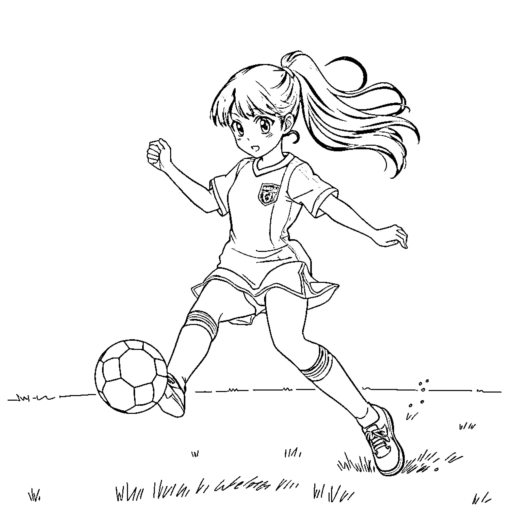Anime Girl Playing Soccer with Determination Coloring Page (free black-and-white line drawing printable PDF for all, from beginners to advanced learners, including children, teens, adults, and seniors)