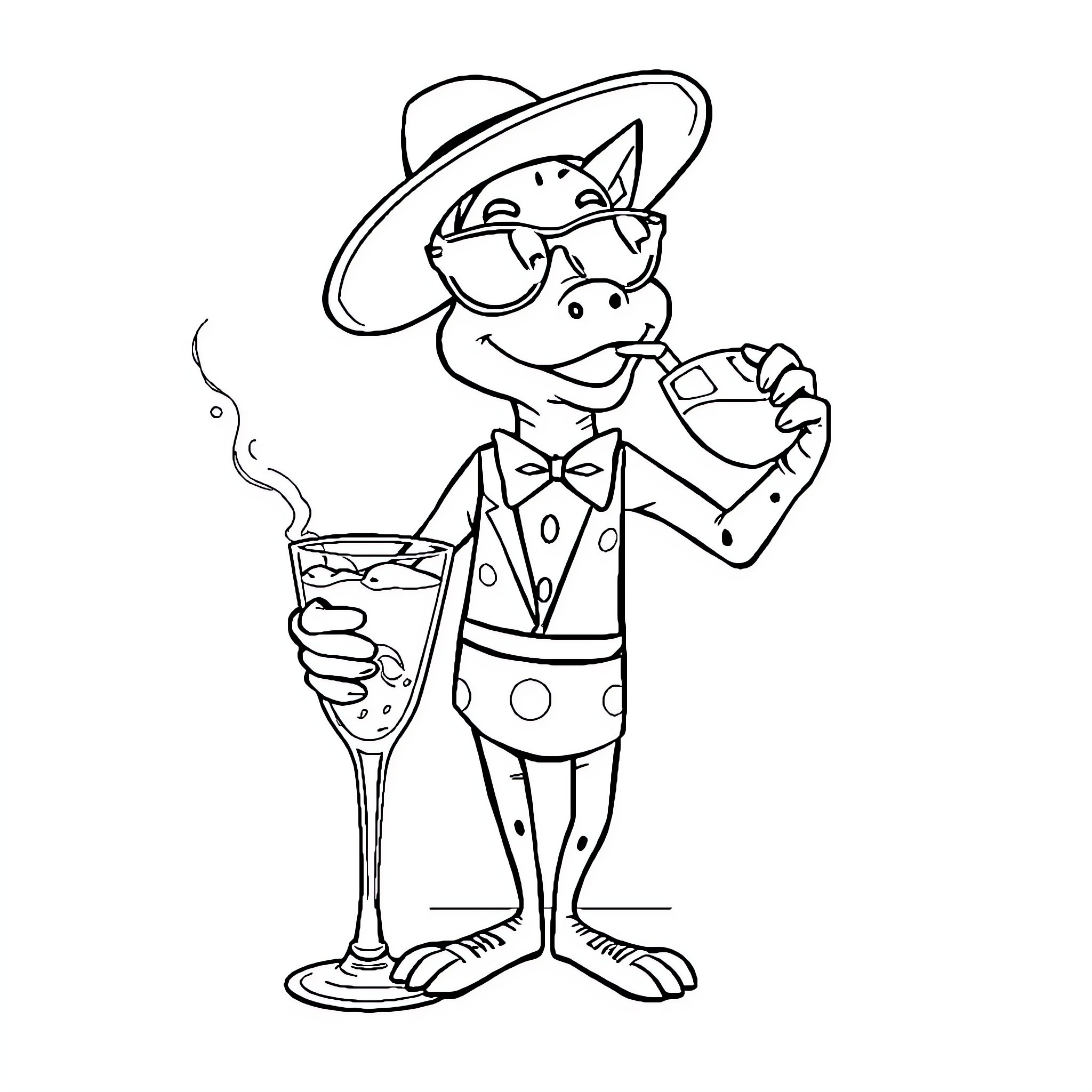 Saltamontes enjoying a fancy cocktail Coloring Page (free black-and-white line drawing printable PDF for all, from beginners to advanced learners, including children, teens, adults, and seniors)