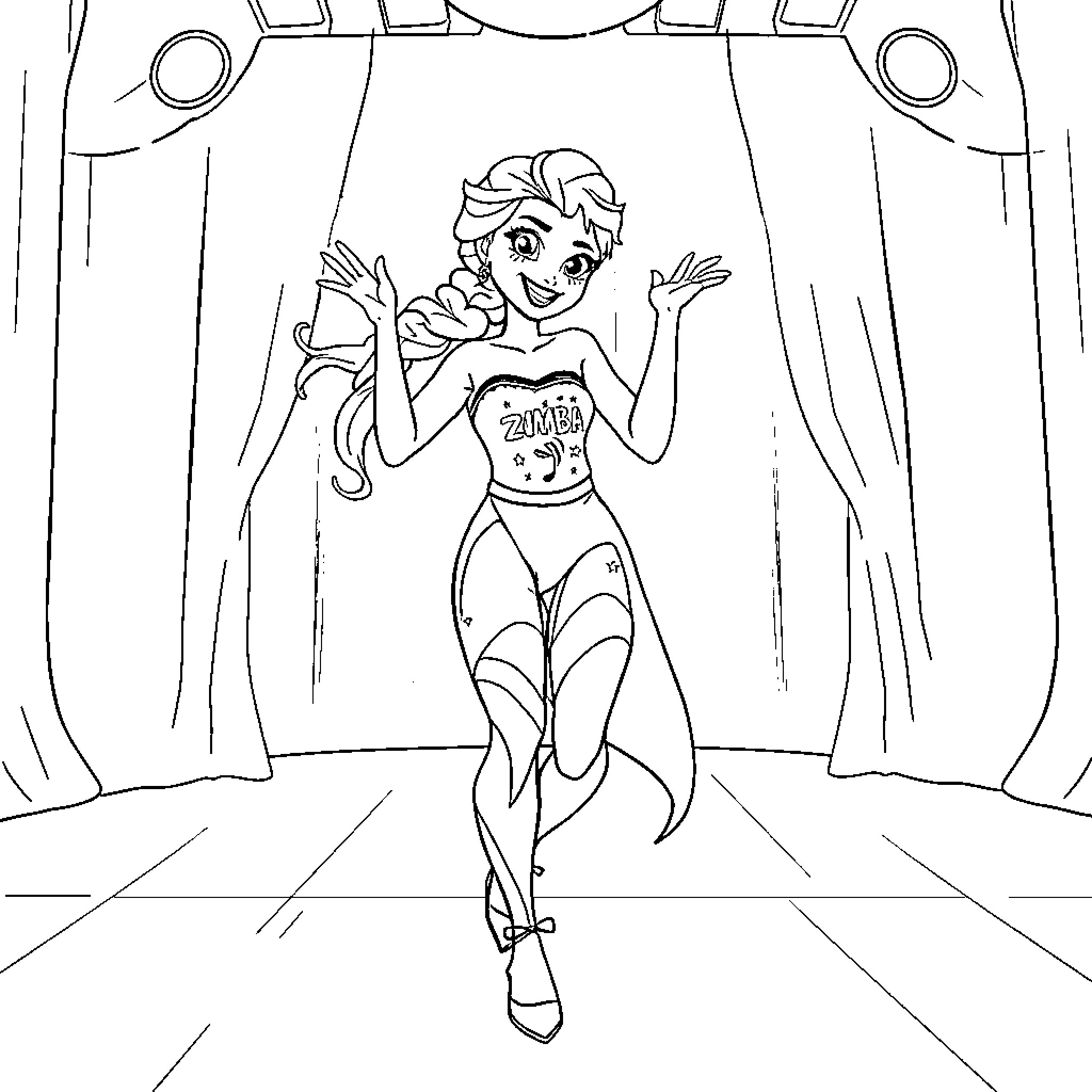 Elsa joyfully performing on stage Coloring Page (free black-and-white line drawing printable PDF for all, from beginners to advanced learners, including children, teens, adults, and seniors)
