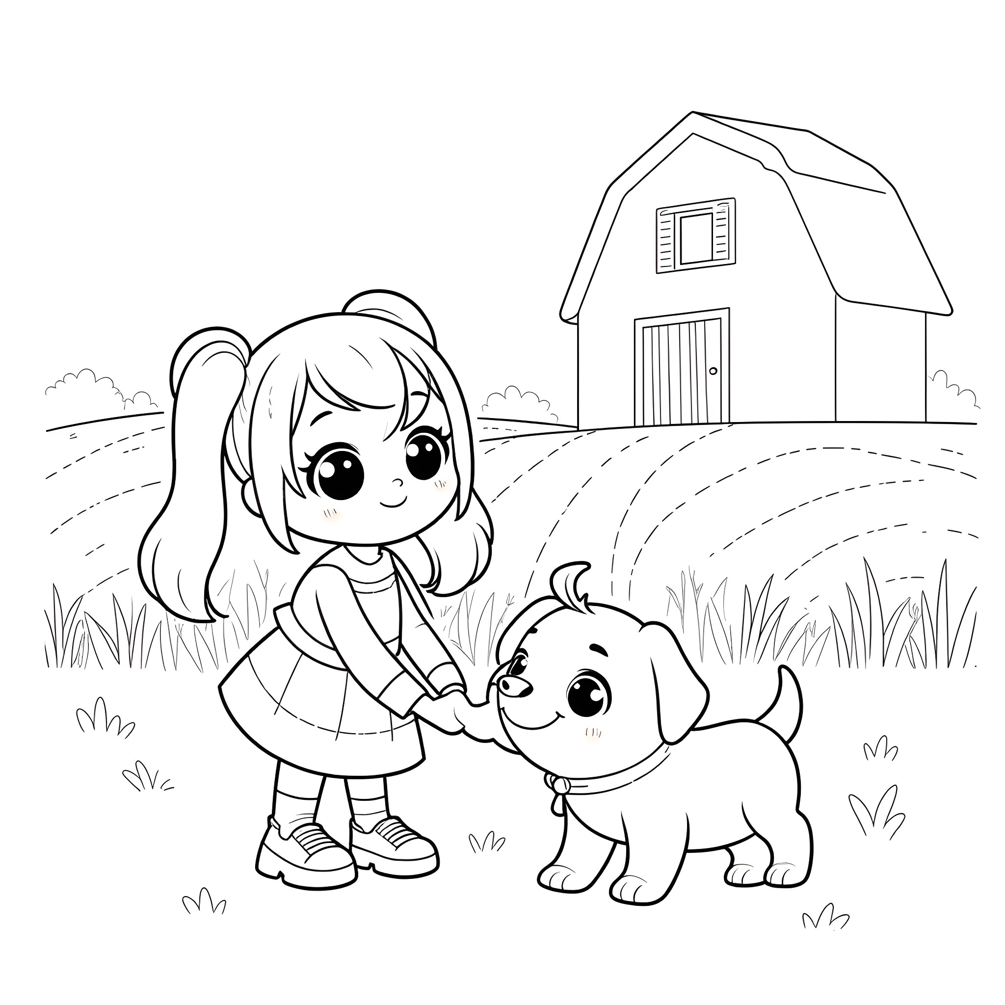 Anime Girl playing with Puppy on the Farm Coloring Page (free black-and-white line drawing printable PDF for all, from beginners to advanced learners, including children, teens, adults, and seniors)