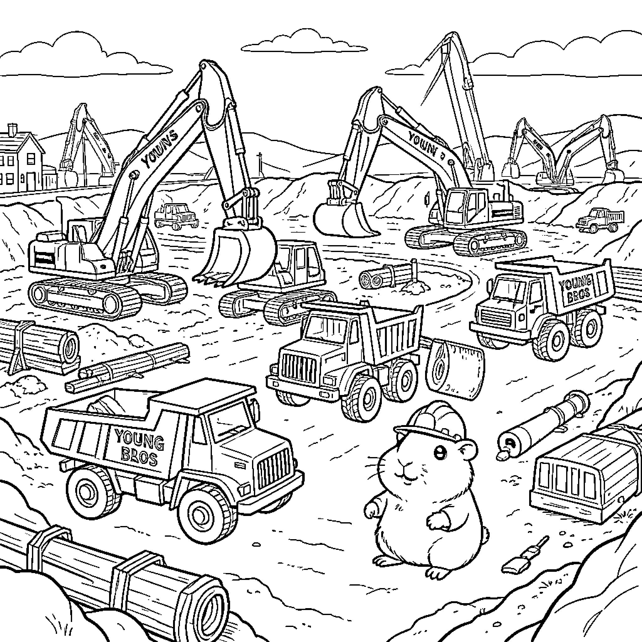 Construction site with various heavy machinery at work Coloring Page (free black-and-white line drawing printable PDF for all, from beginners to advanced learners, including children, teens, adults, and seniors)