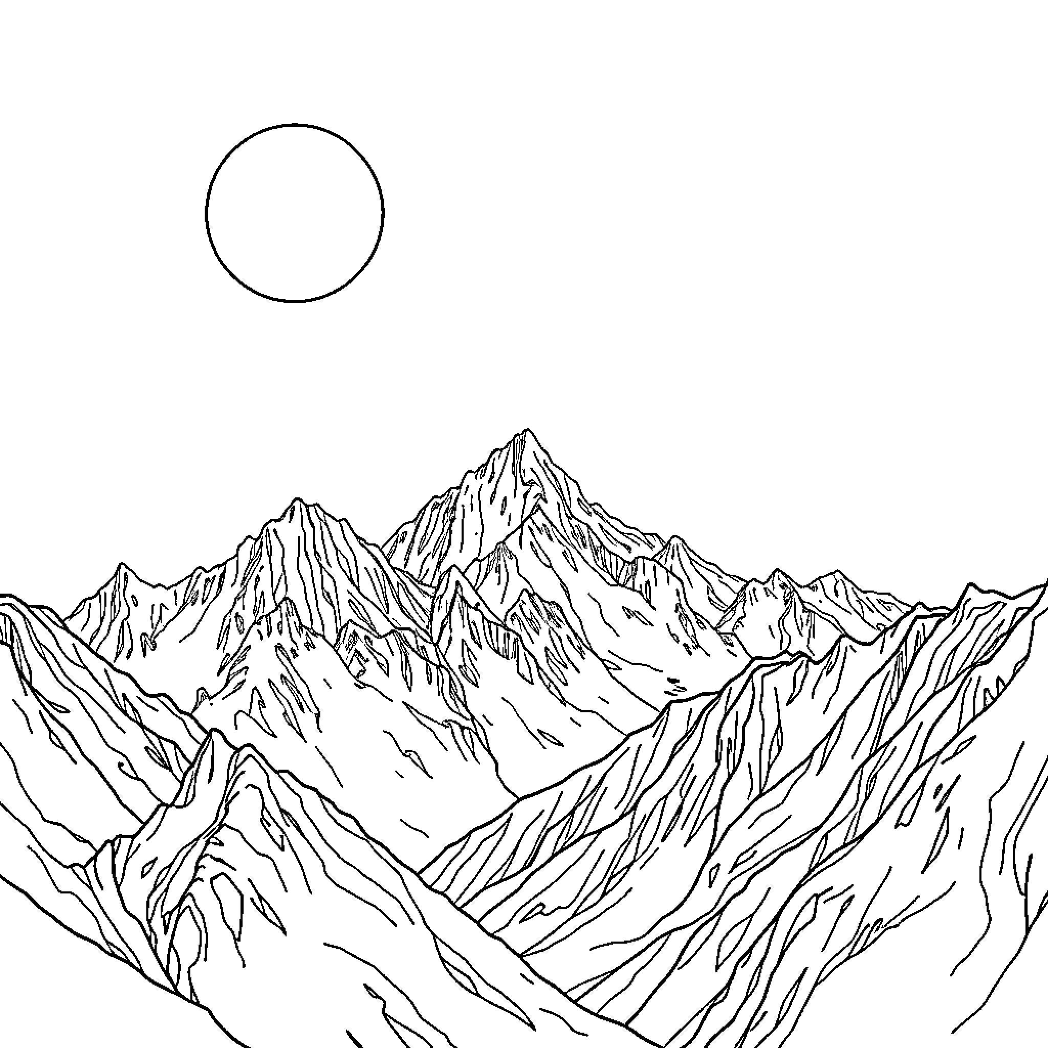Mountain landscape with towering peaks Coloring Page (free black-and-white line drawing printable PDF for all, from beginners to advanced learners, including children, teens, adults, and seniors)
