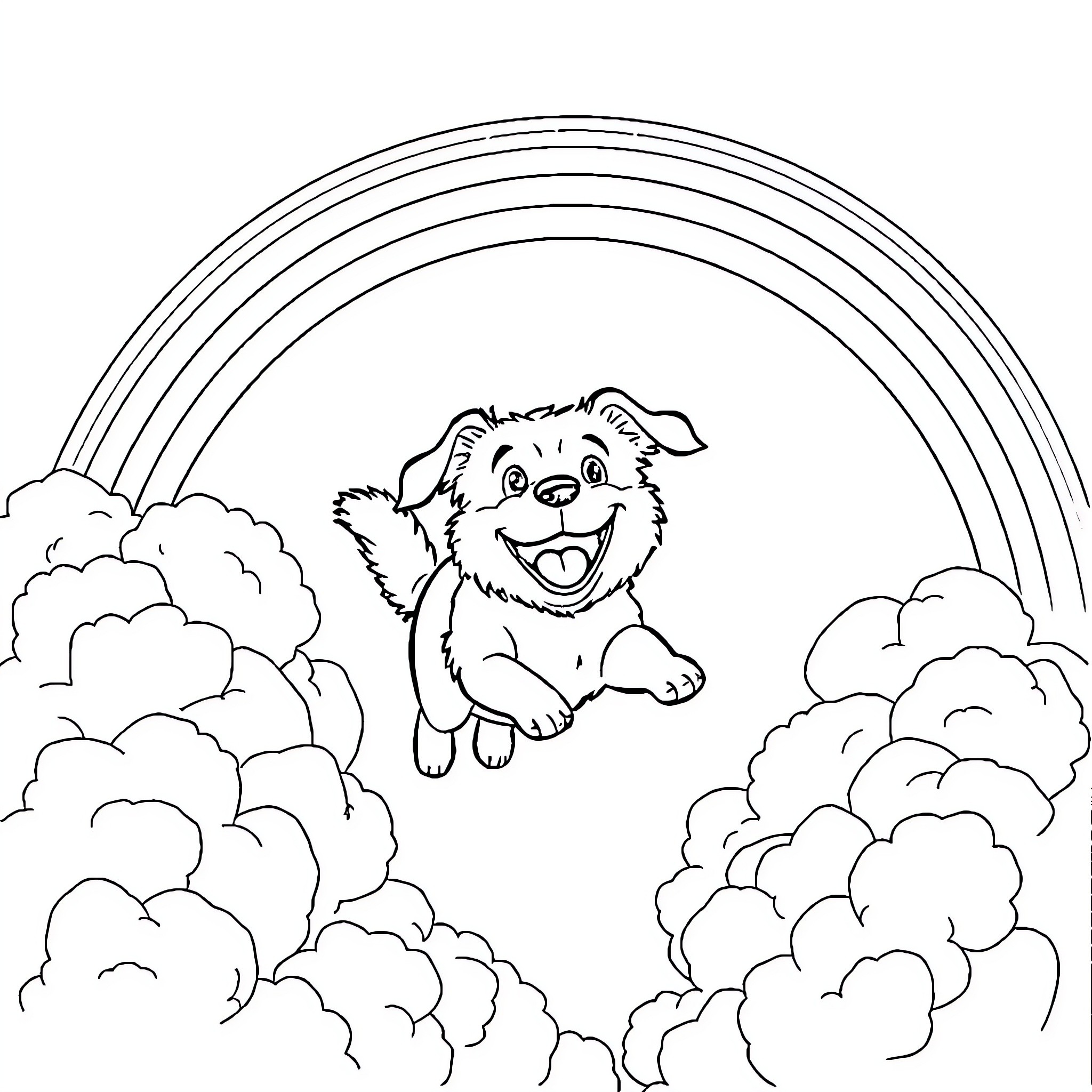 Dog playing happily in the cloudy sky with rainbows Coloring Page (free black-and-white line drawing printable PDF for all, from beginners to advanced learners, including children, teens, adults, and seniors)