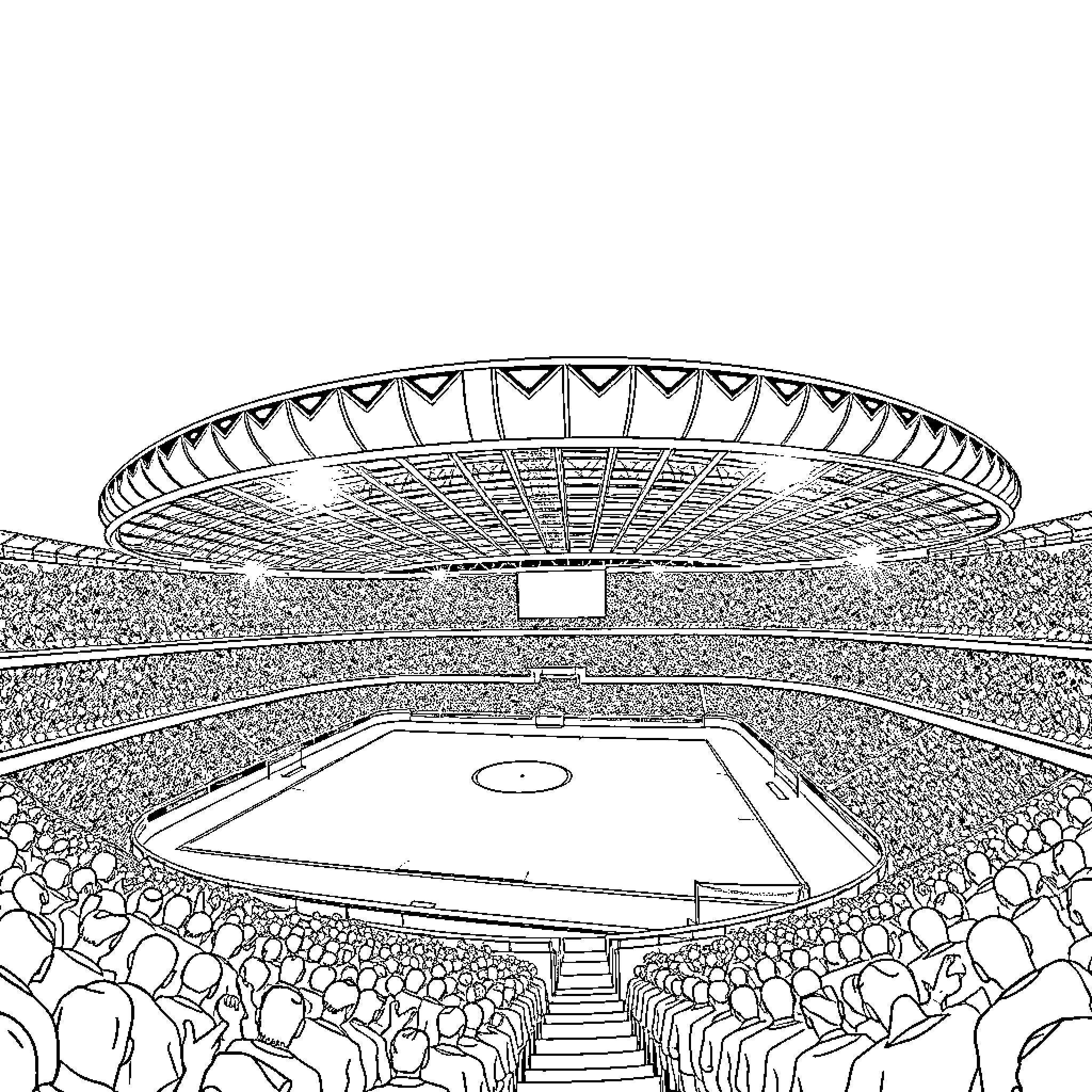 Estadio with Packed Stands and Playing Field Coloring Page (free black-and-white line drawing printable PDF for all, from beginners to advanced learners, including children, teens, adults, and seniors)