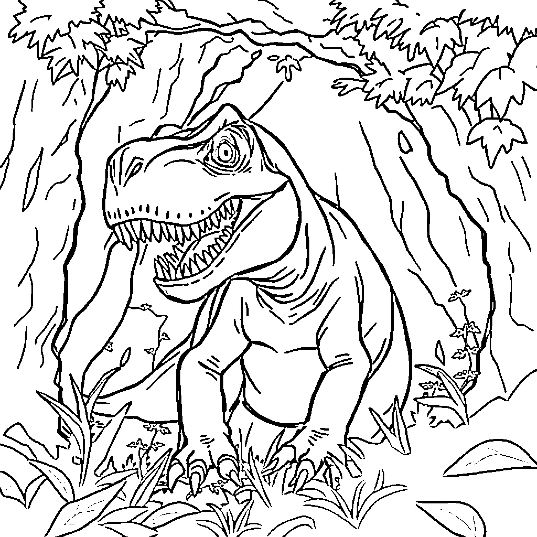 T-Rex exploring the lush jungle foliage Coloring Page (free black-and-white line drawing printable PDF for all, from beginners to advanced learners, including children, teens, adults, and seniors)