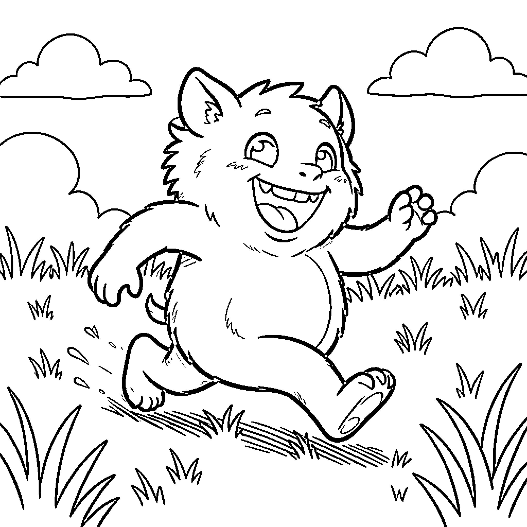 La Bubu Monster jumping happily in the meadow Coloring Page (free black-and-white line drawing printable PDF for all, from beginners to advanced learners, including children, teens, adults, and seniors)