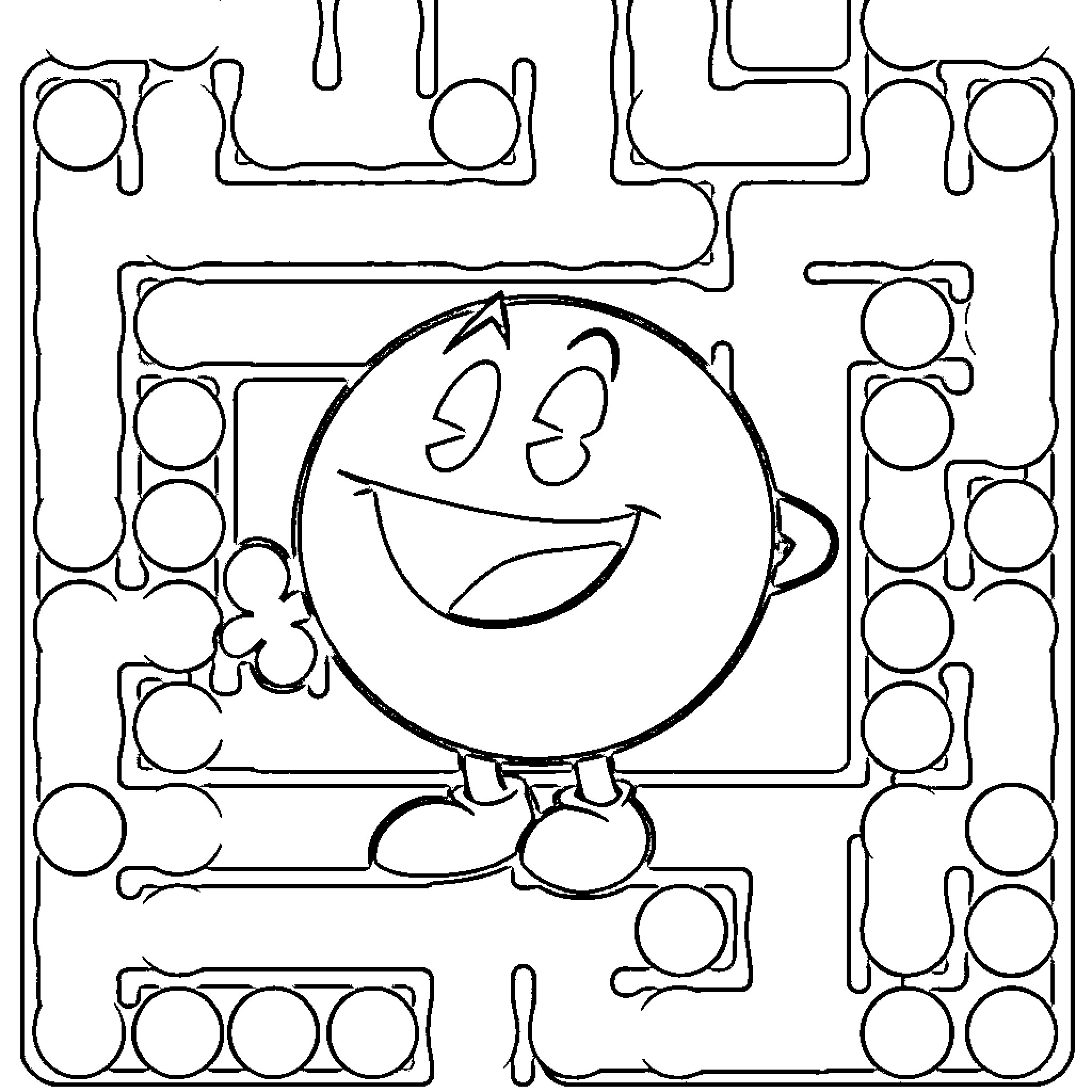 Pac-Man in a playful and abstract maze Coloring Page (free black-and-white line drawing printable PDF for all, from beginners to advanced learners, including children, teens, adults, and seniors)