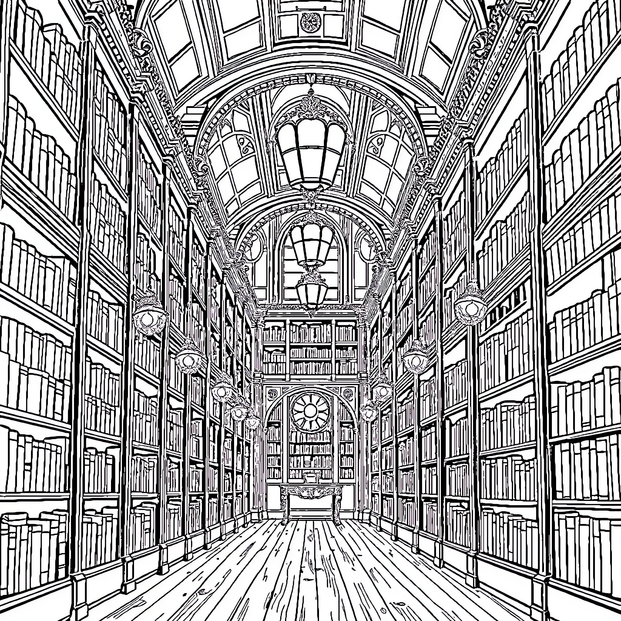 Library with ornate architectural details Coloring Page (free black-and-white line drawing printable PDF for all, from beginners to advanced learners, including children, teens, adults, and seniors)