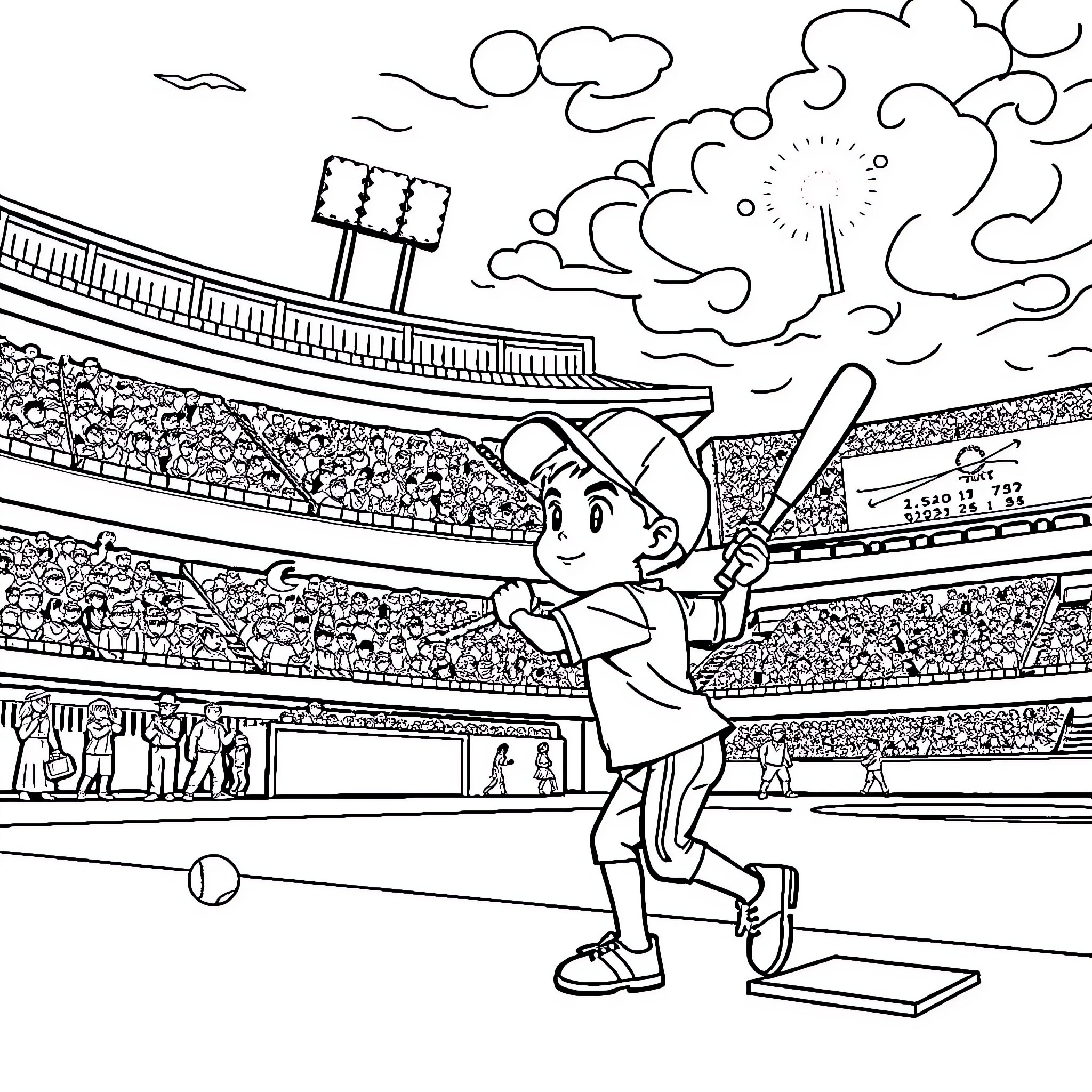 Niño playing baseball in the stadium Coloring Page (free black-and-white line drawing printable PDF for all, from beginners to advanced learners, including children, teens, adults, and seniors)