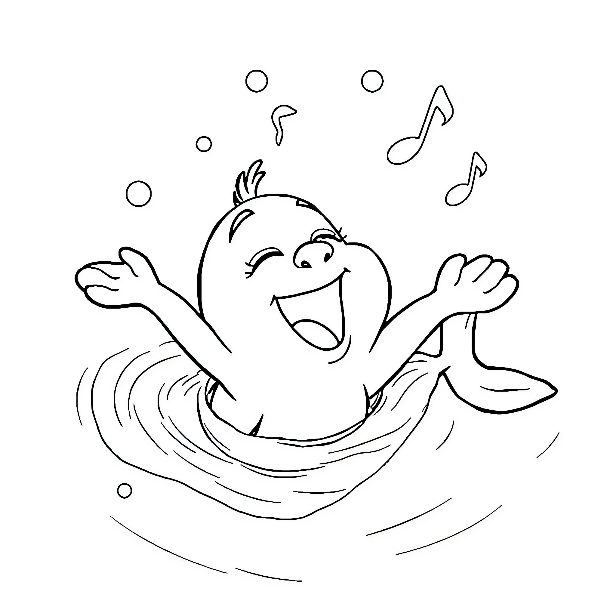 Tralalero Cheerful Fish Swimming Joyfully with Music Notes Coloring Page (free black-and-white line drawing printable PDF for all, from beginners to advanced learners, including children, teens, adults, and seniors)
