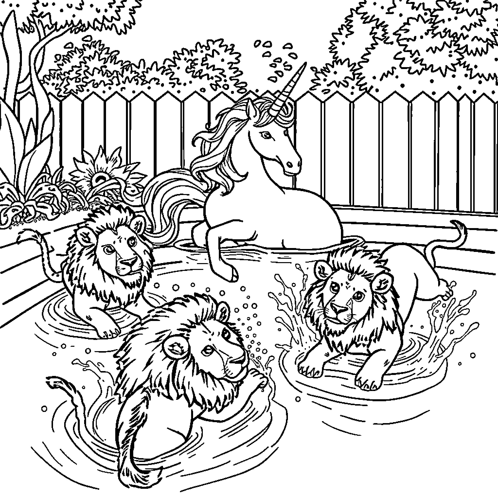Unicorn frolicking with playful lions in enchanted garden Coloring Page (free black-and-white line drawing printable PDF for all, from beginners to advanced learners, including children, teens, adults, and seniors)