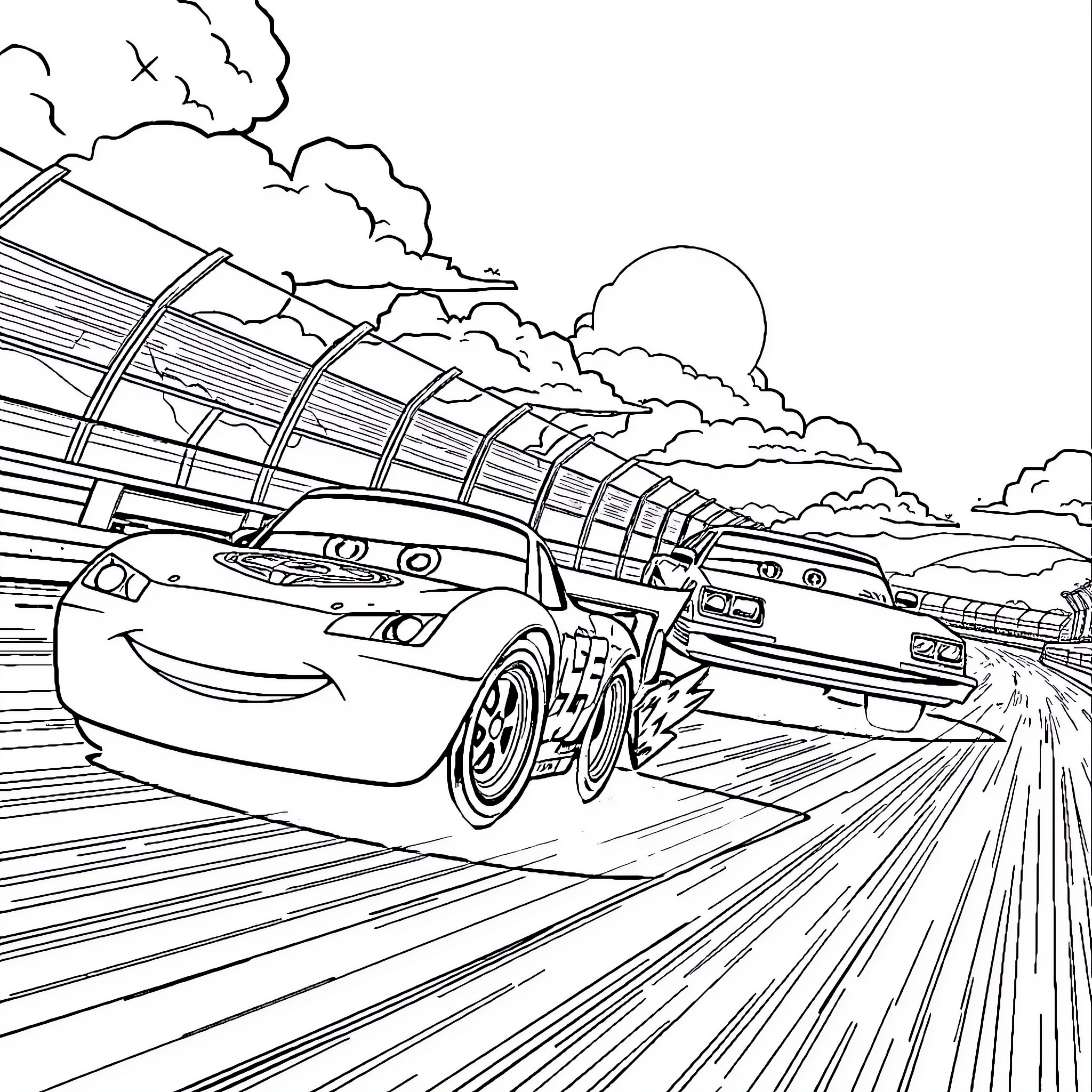 Car racing at high speed on racetrack Coloring Page (free black-and-white line drawing printable PDF for all, from beginners to advanced learners, including children, teens, adults, and seniors)