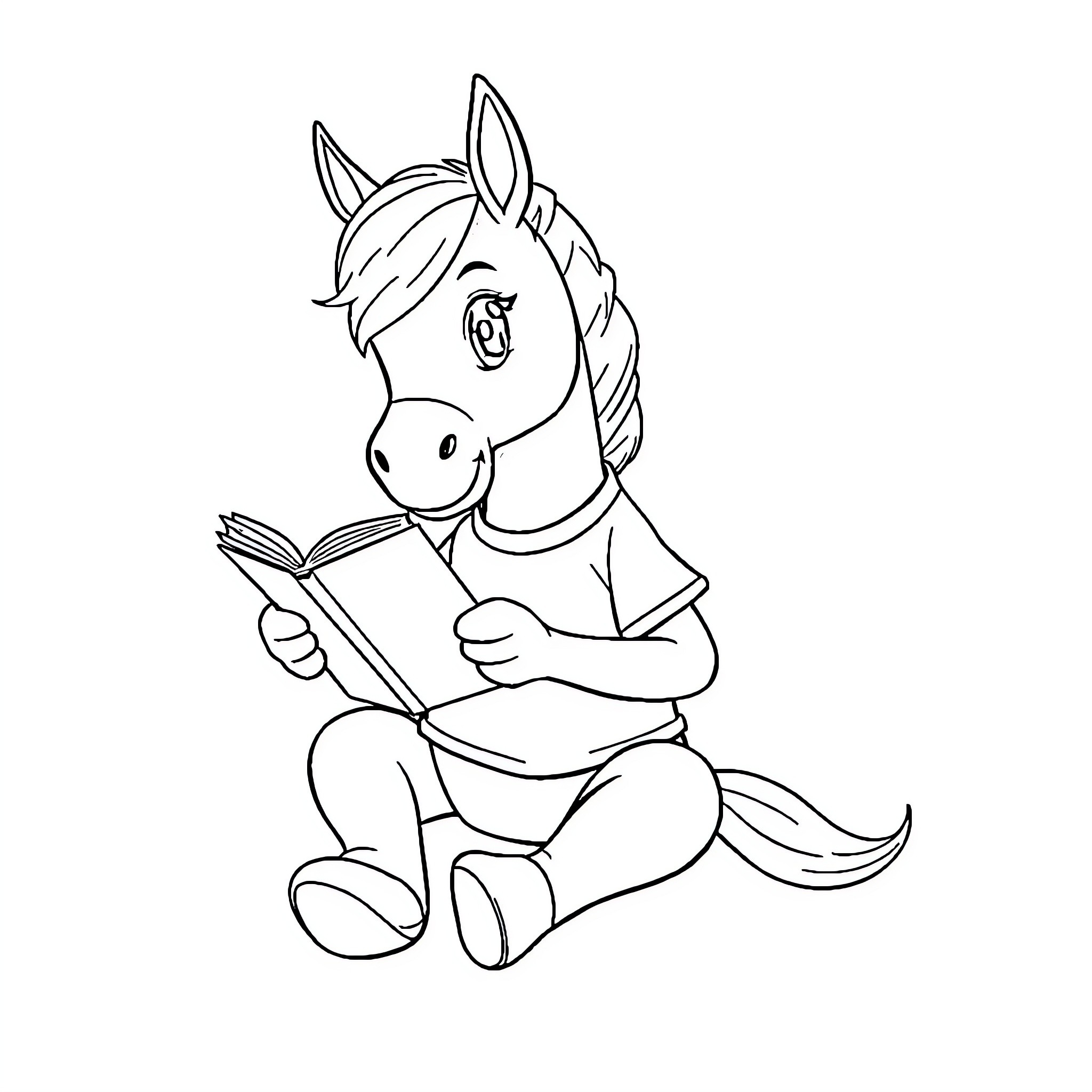 Horse reading a book happily Coloring Page (free black-and-white line drawing printable PDF for all, from beginners to advanced learners, including children, teens, adults, and seniors)