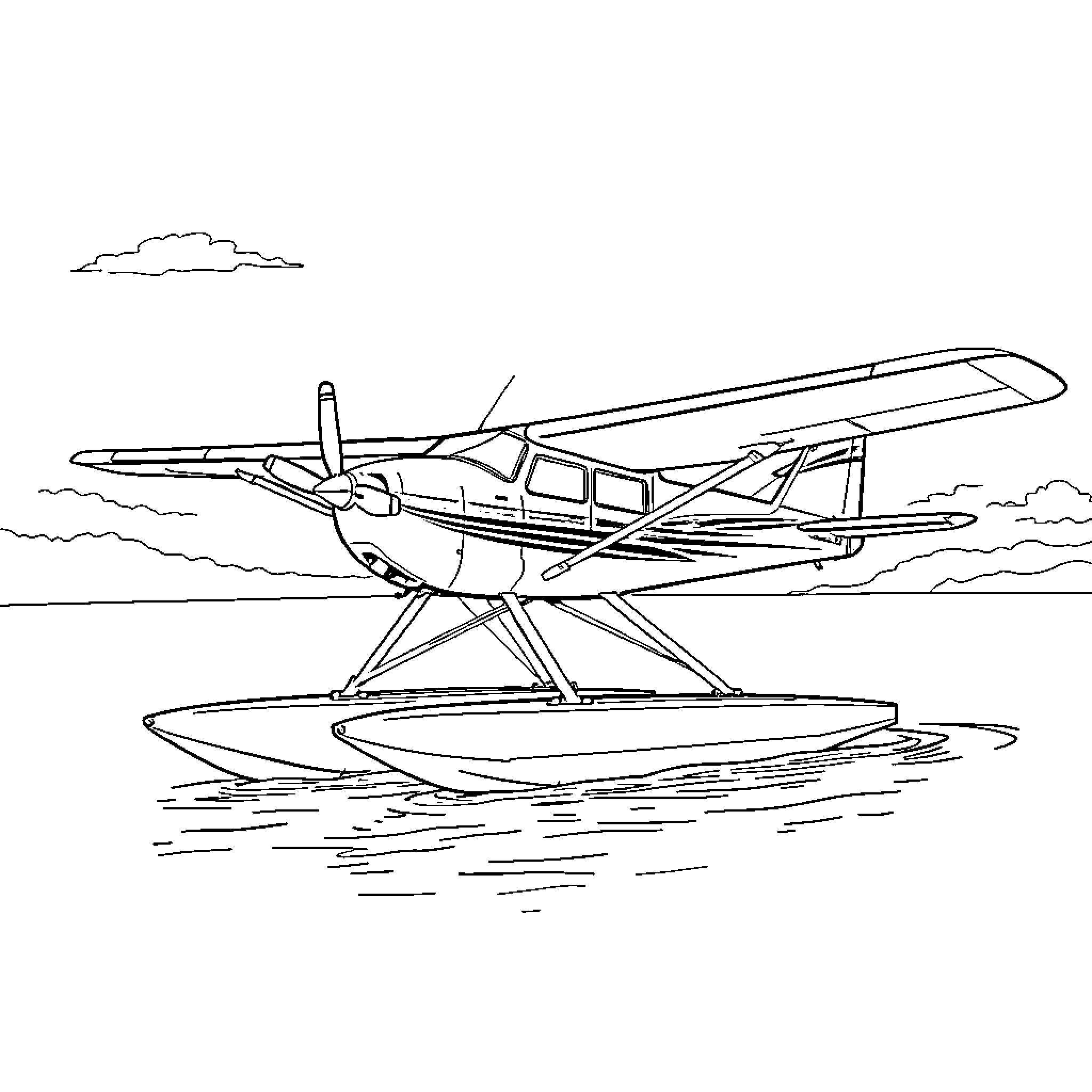 Cessna seaplane taking off from the water Coloring Page (free black-and-white line drawing printable PDF for all, from beginners to advanced learners, including children, teens, adults, and seniors)