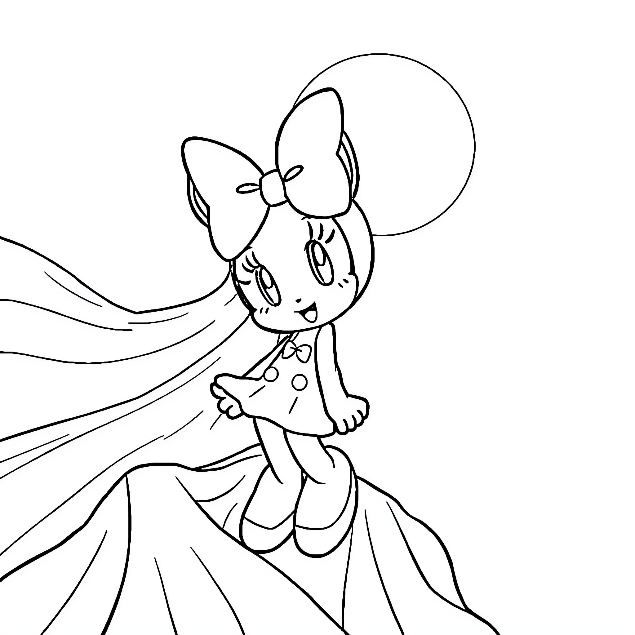 Miki's Lively Dance with Flowing Dress Coloring Page (free black-and-white line drawing printable PDF for all, from beginners to advanced learners, including children, teens, adults, and seniors)