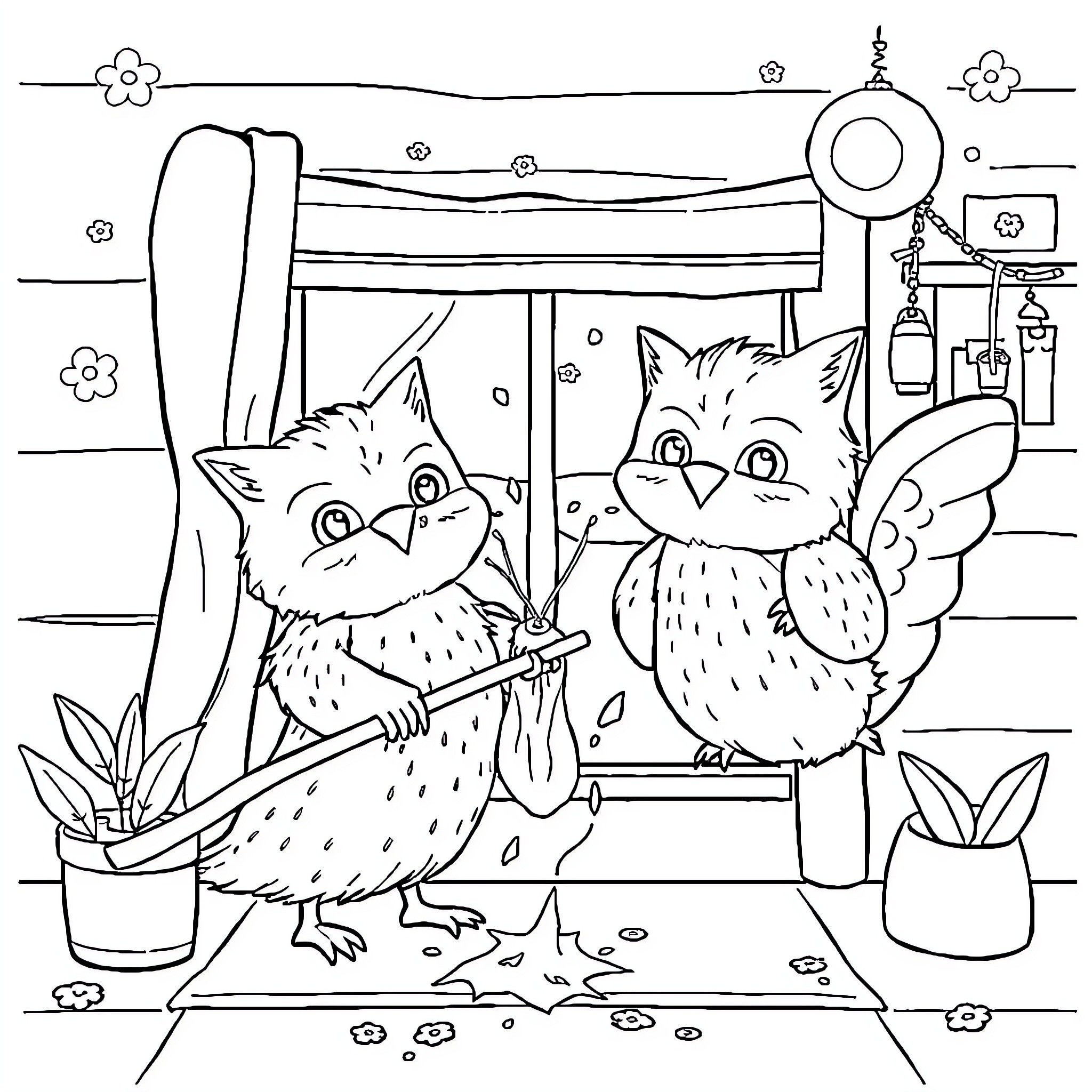 Oso Owls Cleaning Their Feathers in Cozy Room Coloring Page (free black-and-white line drawing printable PDF for all, from beginners to advanced learners, including children, teens, adults, and seniors)