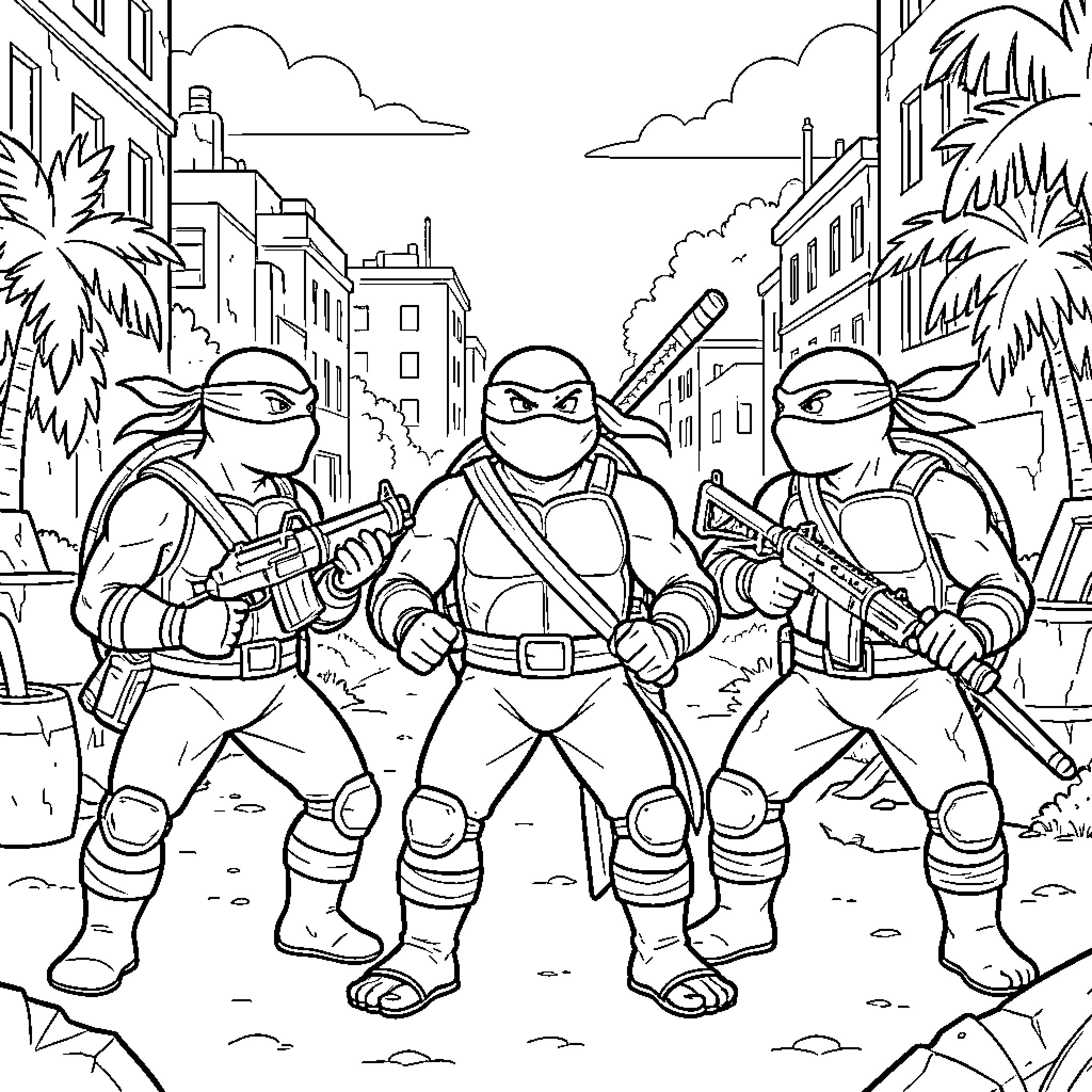 Turtle warriors standing ready with weapons in city street Coloring Page (free black-and-white line drawing printable PDF for all, from beginners to advanced learners, including children, teens, adults, and seniors)