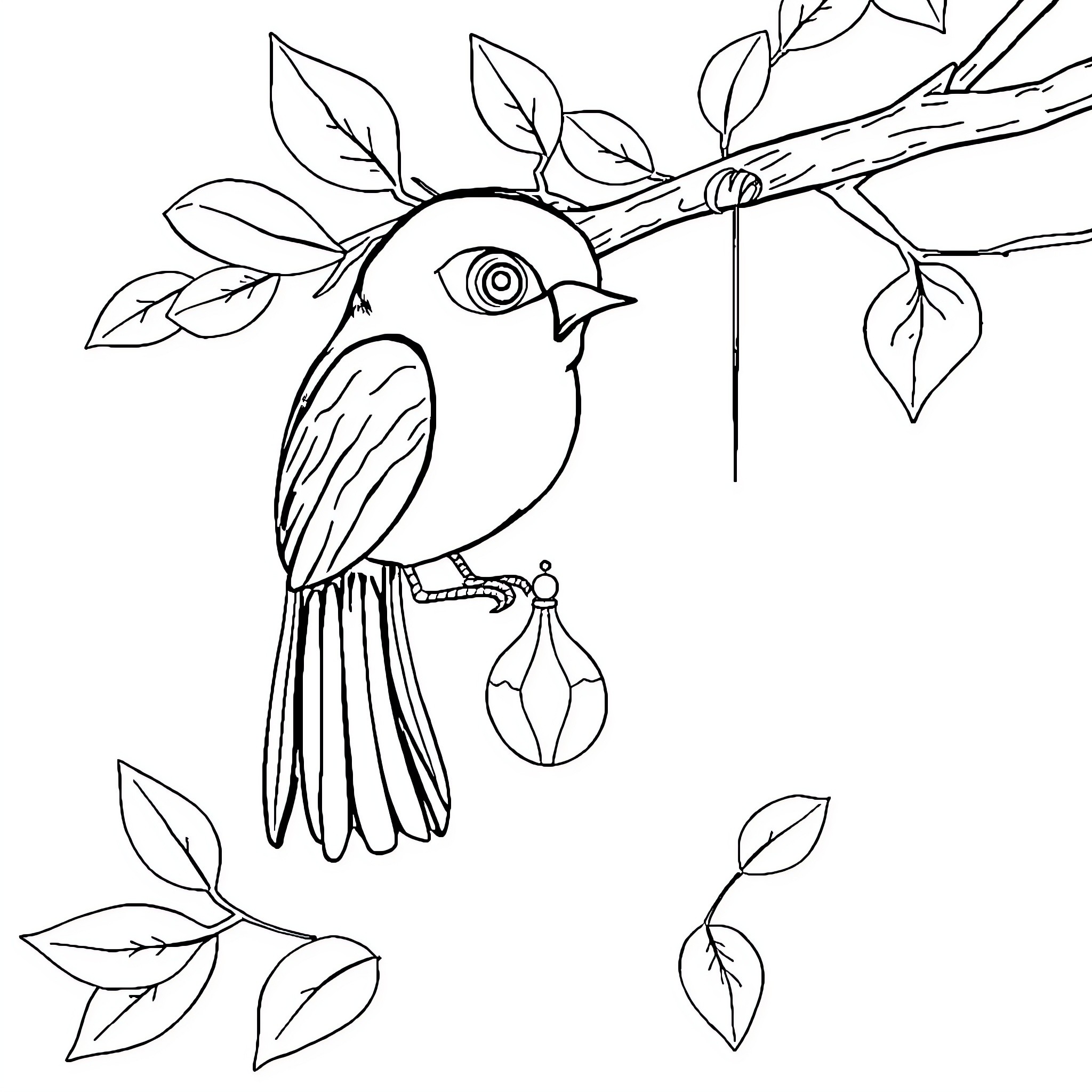 Pie bird perched on branch with leaves Coloring Page (free black-and-white line drawing printable PDF for all, from beginners to advanced learners, including children, teens, adults, and seniors)